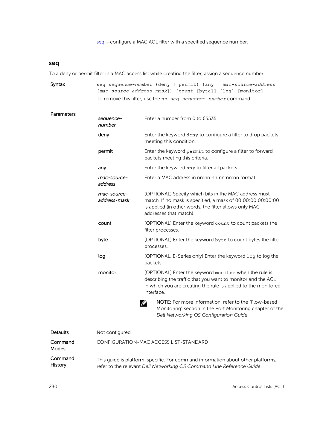 Dell 9.7(0.0) manual To remove this filter, use the no seq sequence-numbercommand 