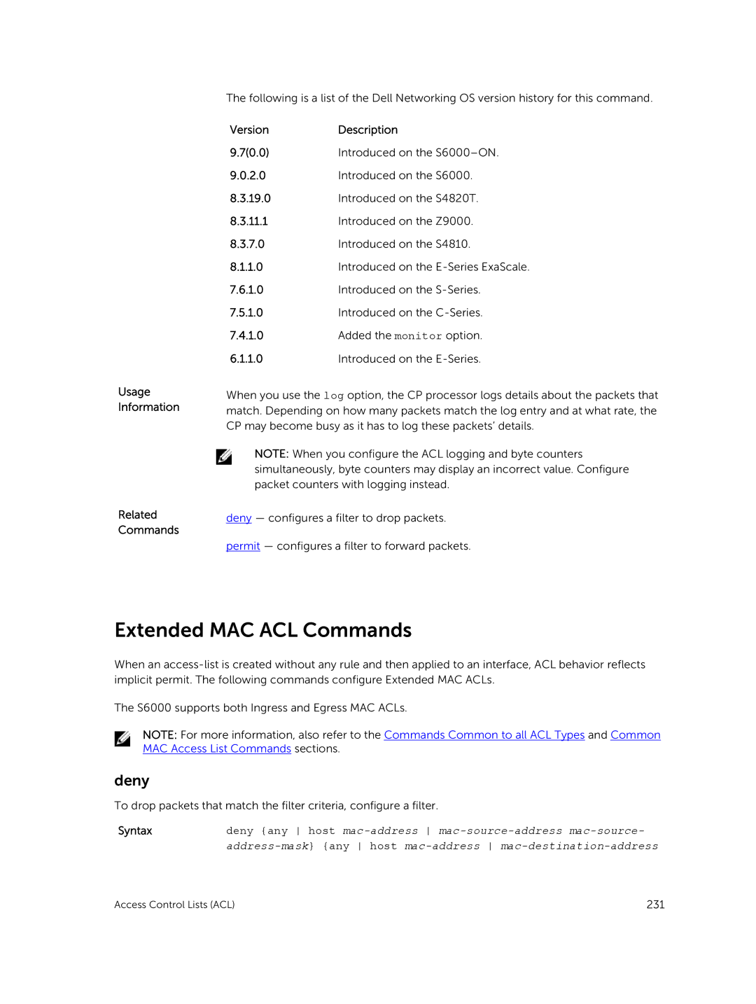 Dell 9.7(0.0) manual Extended MAC ACL Commands, Usage Information Related Commands 