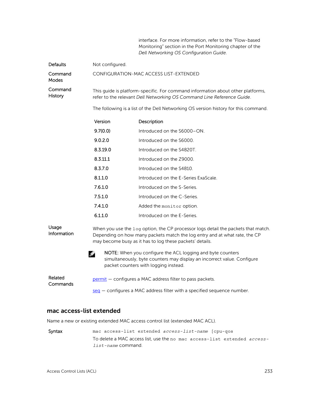 Dell 9.7(0.0) manual Mac access-list extended, Syntaxmac access-list extended access-list-namecpu-qos 