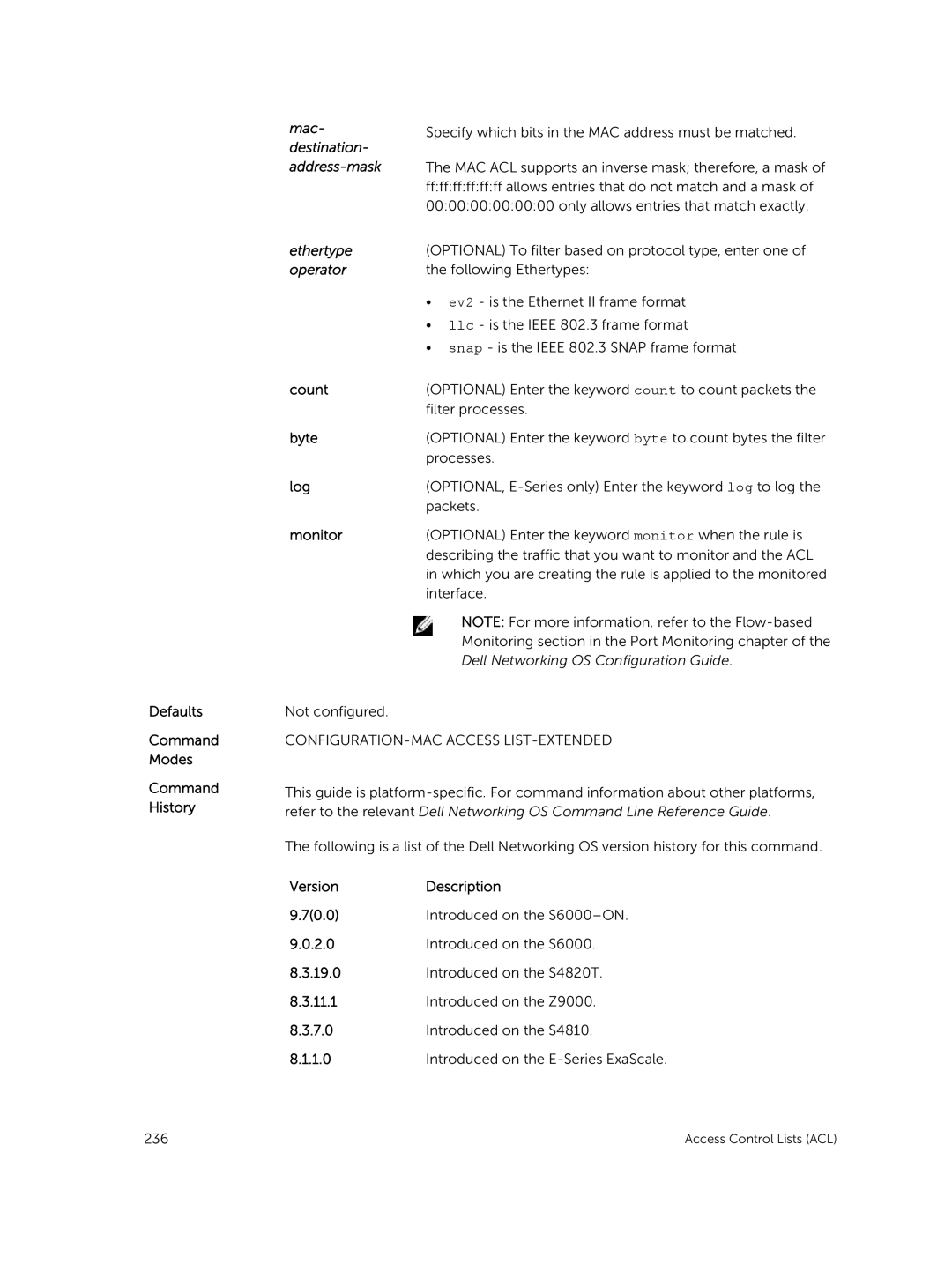 Dell 9.7(0.0) manual Defaults Command Modes Command History, Destination Address-mask 