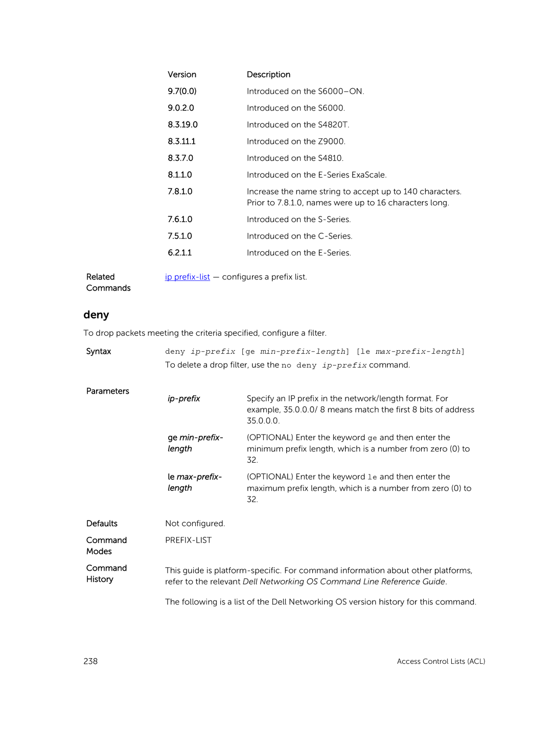 Dell 9.7(0.0) Related Ip prefix-list configures a prefix list Commands, Ip-prefix, Ge min-prefix, Length, Le max-prefix 