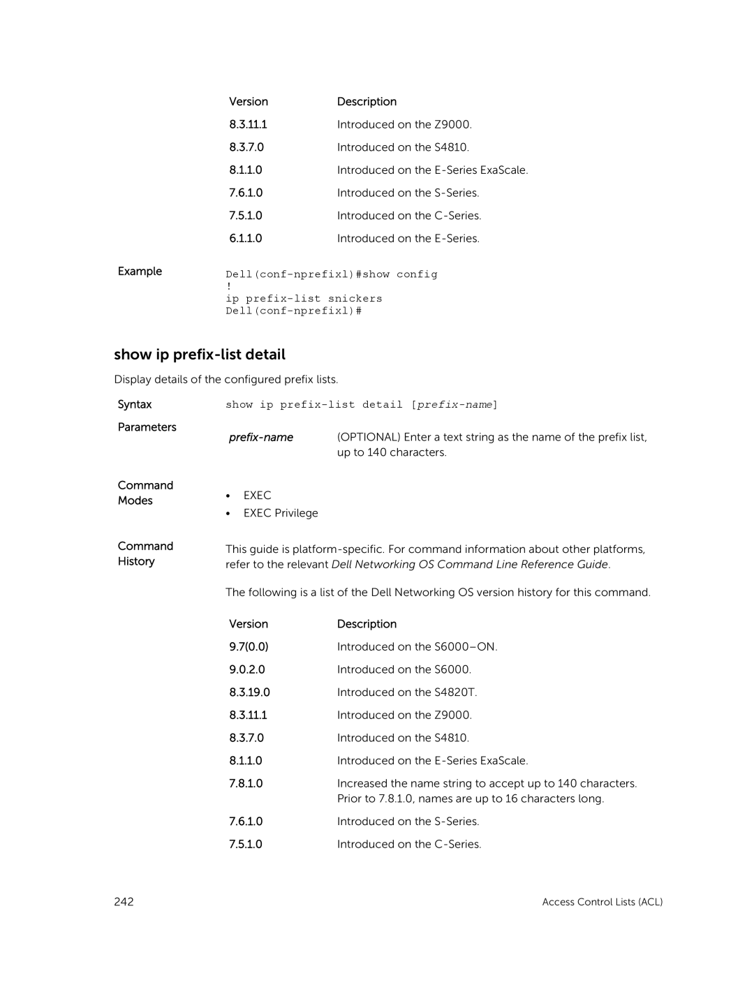 Dell 9.7(0.0) manual Show ip prefix-list detail, Dellconf-nprefixl#show config, Ip prefix-list snickers 