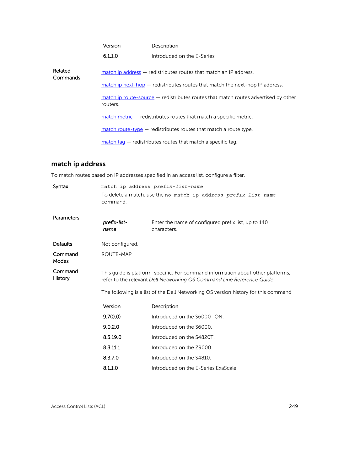 Dell 9.7(0.0) manual Related Commands VersionDescription, Match ip address prefix-list-name, Prefix-list 