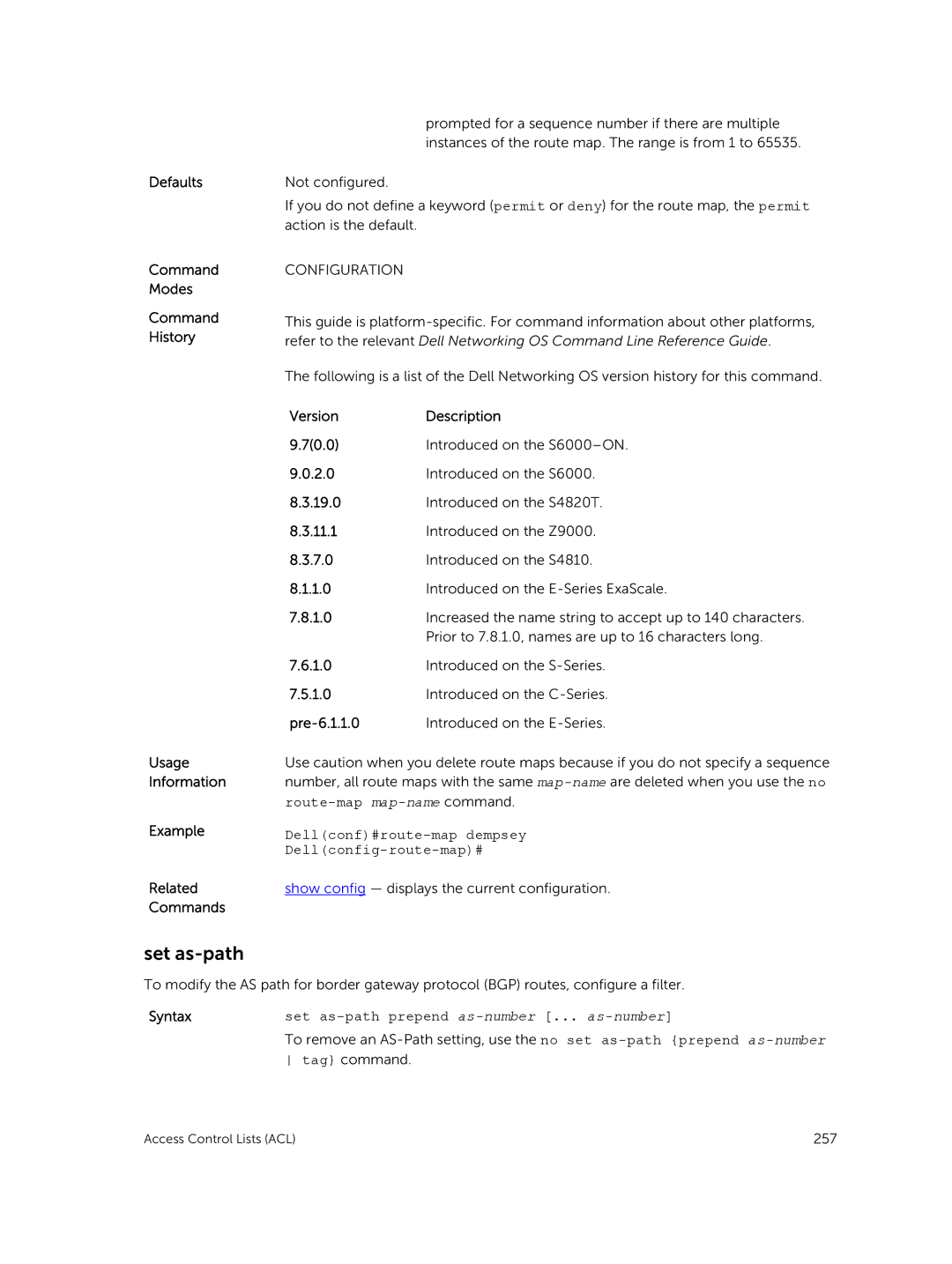 Dell 9.7(0.0) manual Dellconf#route-map dempsey Dellconfig-route-map#, Set as-path prepend as-number 