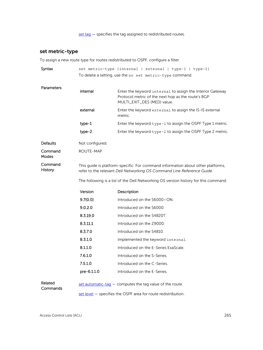 Dell 9.7(0.0) manual Set metric-type internal external type-1 type-2, Type-1, Type-2 