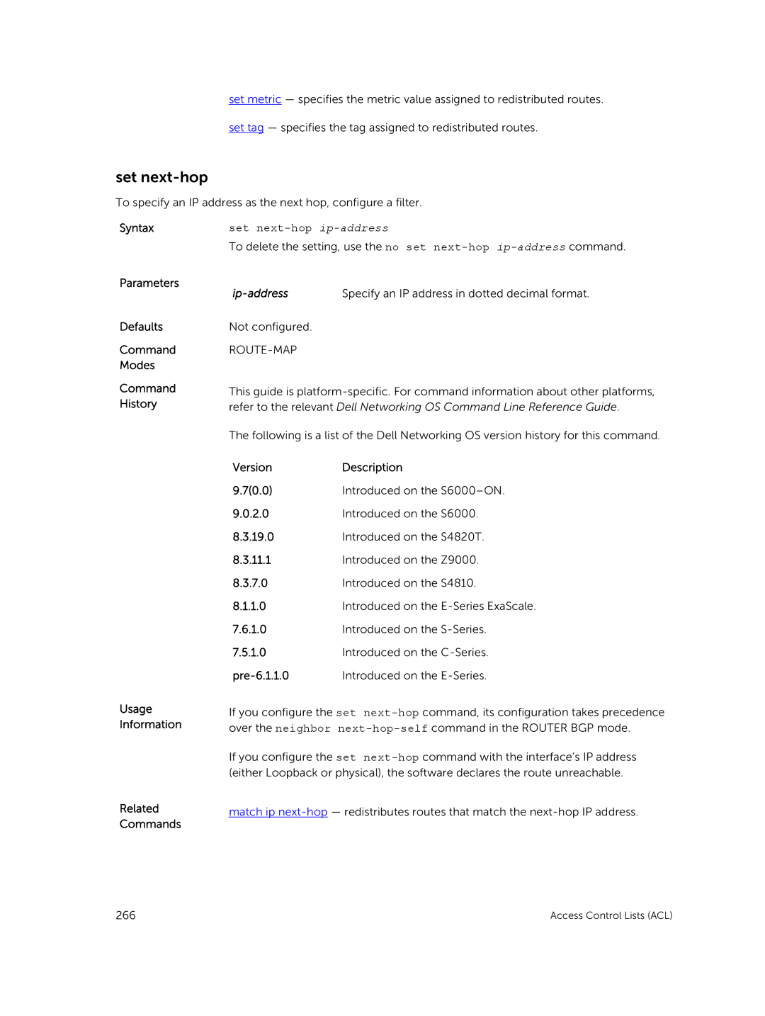 Dell 9.7(0.0) manual Set next-hop ip-address, Ip-address Specify an IP address in dotted decimal format 