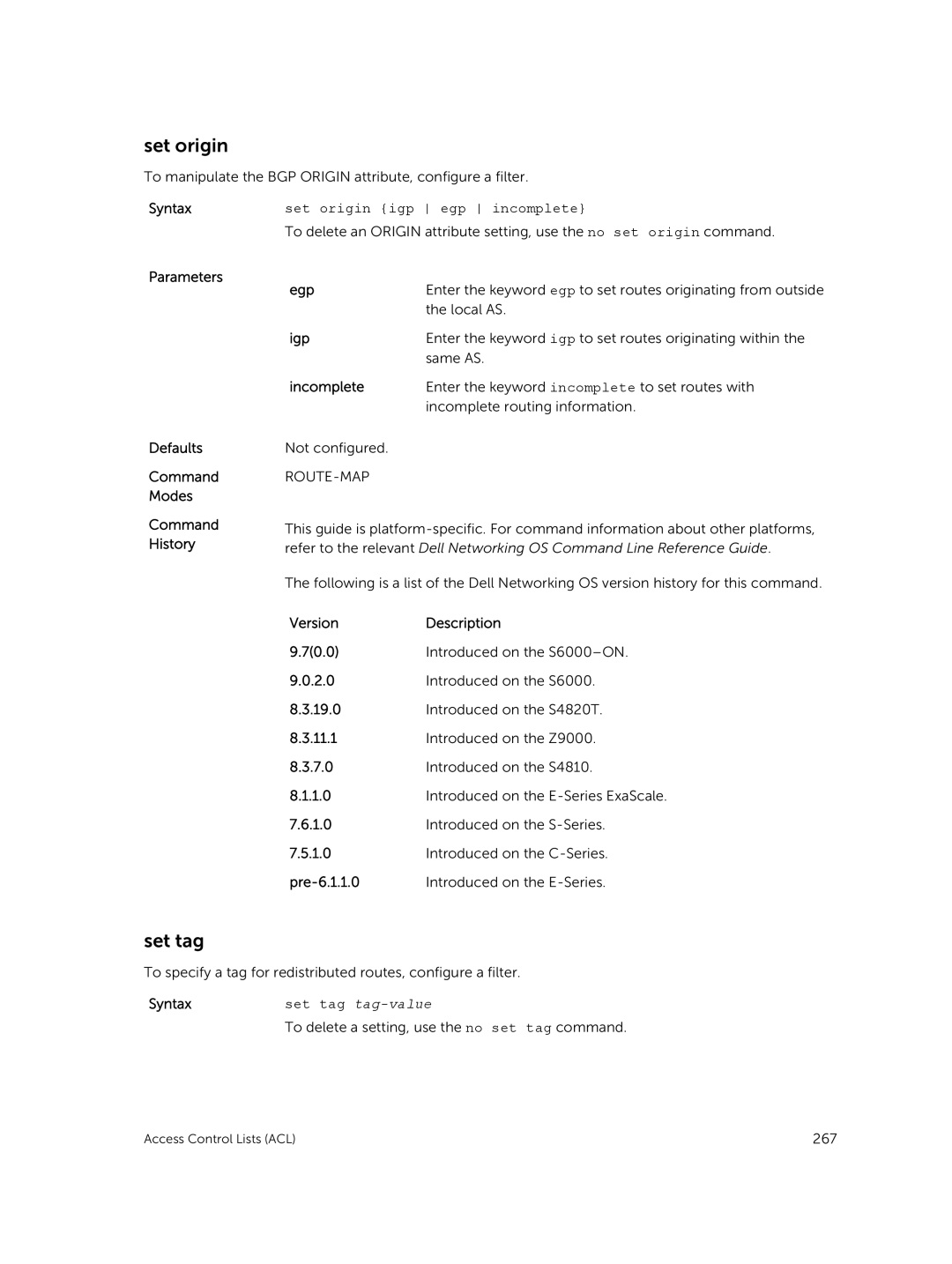 Dell 9.7(0.0) manual Set tag, Set origin igp egp incomplete 