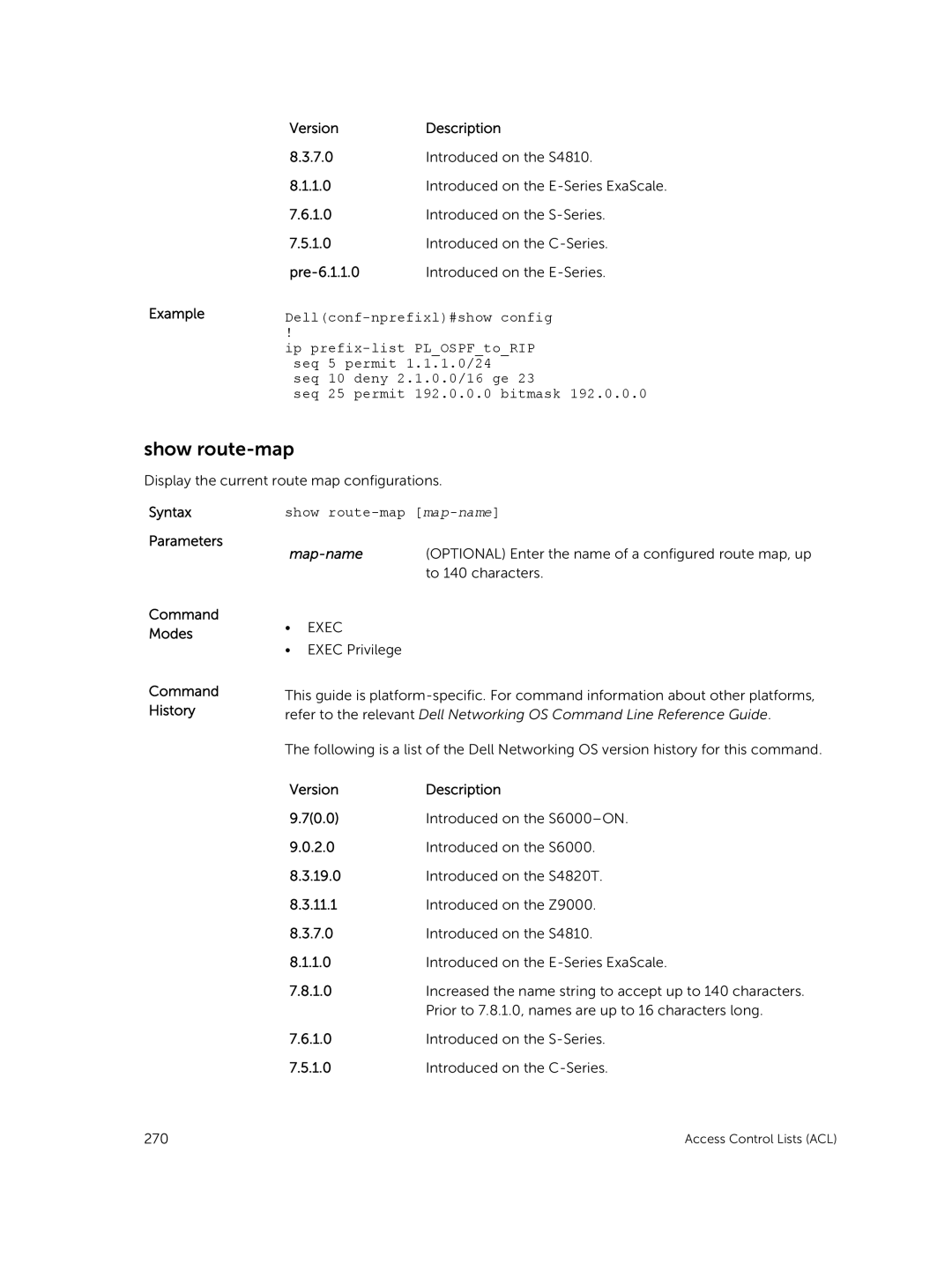 Dell 9.7(0.0) manual Show route-map, Version Description 7.0 Introduced on the S4810 1.0, Ip prefix-list PLOSPFtoRIP 