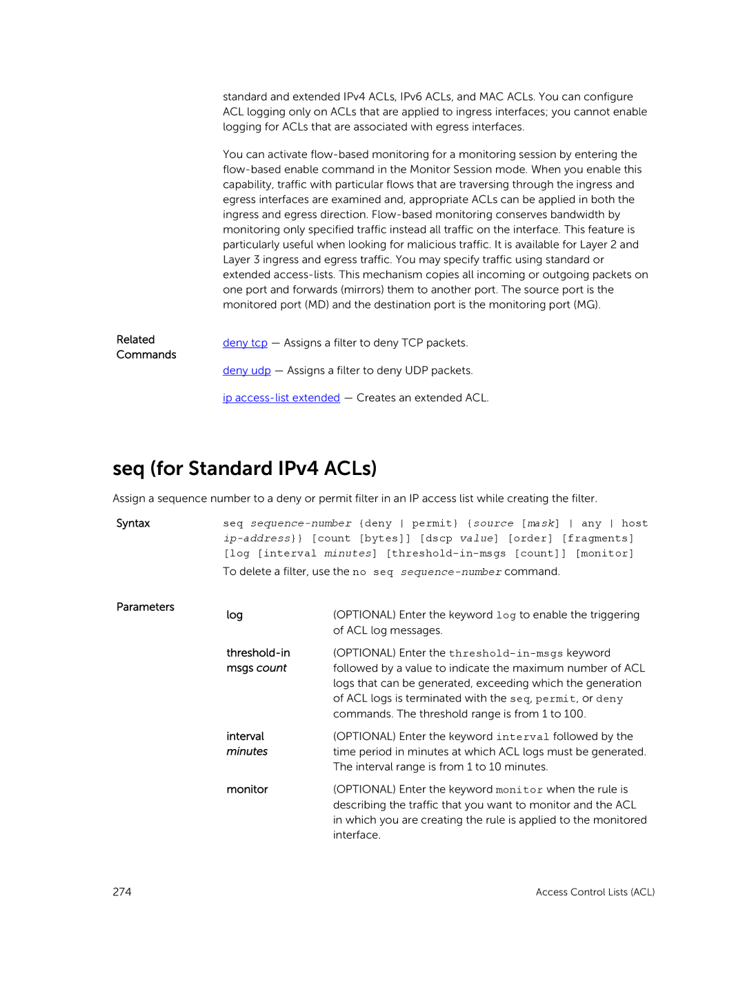 Dell 9.7(0.0) manual Seq for Standard IPv4 ACLs, Parameters Log 