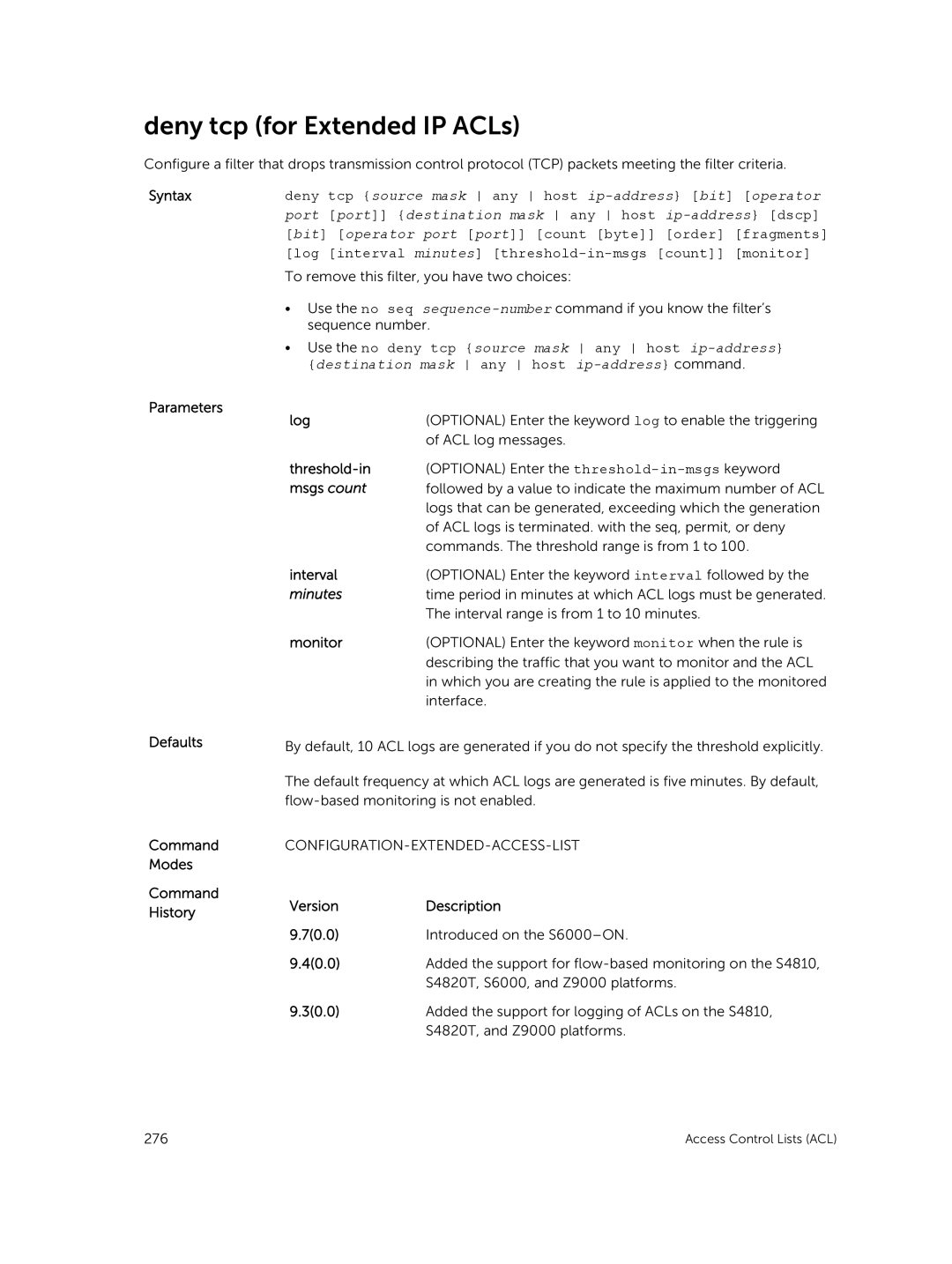 Dell 9.7(0.0) manual Deny tcp for Extended IP ACLs, Parameters Defaults Log 