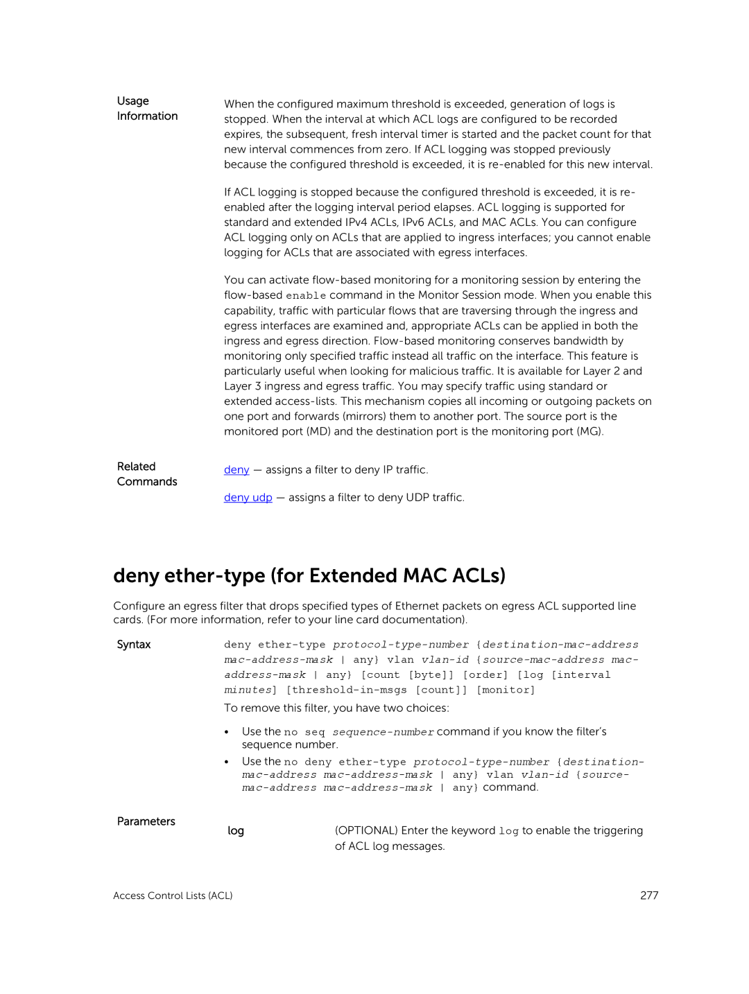 Dell 9.7(0.0) manual Deny ether-type for Extended MAC ACLs, Usage 