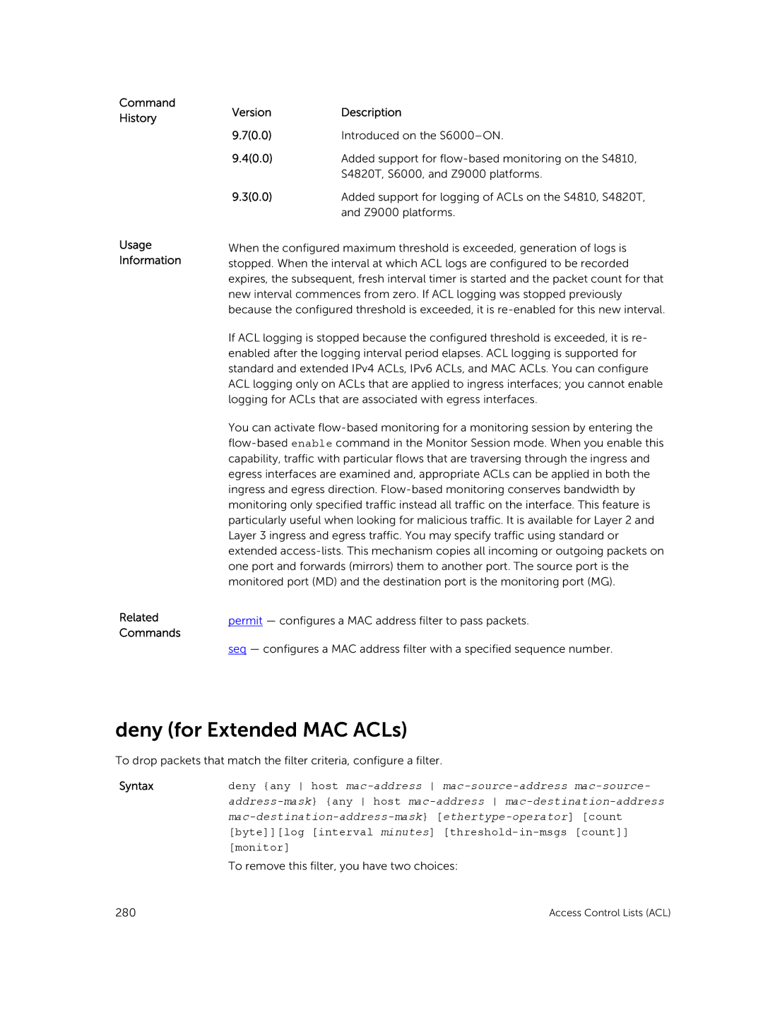 Dell 9.7(0.0) manual Deny for Extended MAC ACLs 