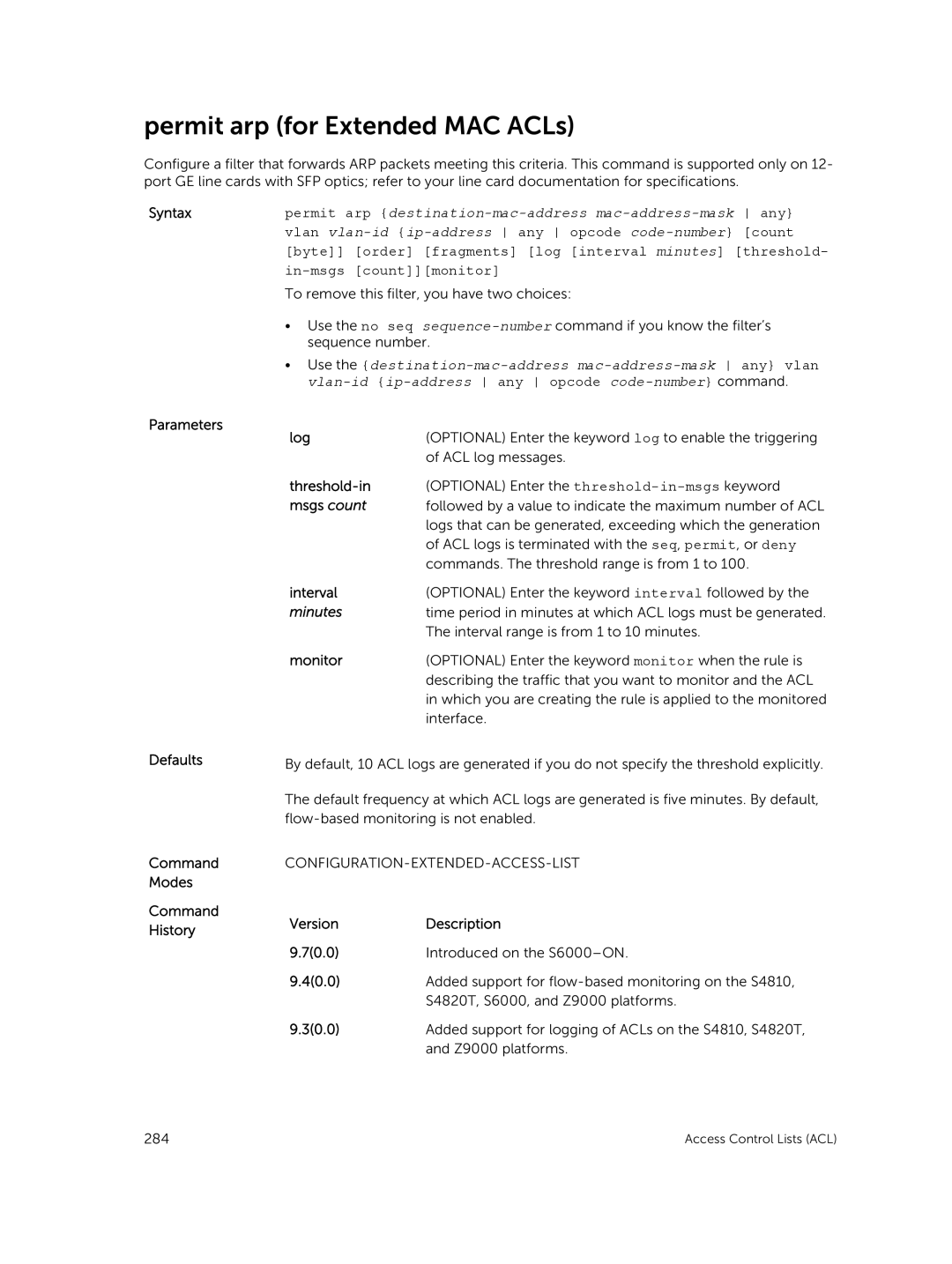 Dell 9.7(0.0) manual Permit arp for Extended MAC ACLs, Parameters Defaults Log 