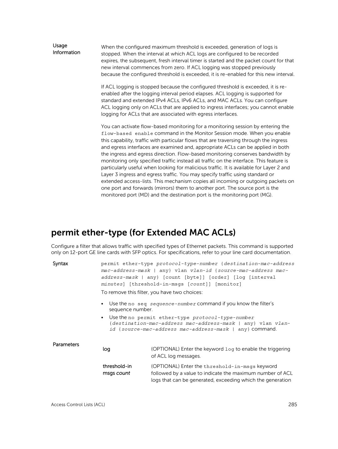 Dell 9.7(0.0) manual Permit ether-type for Extended MAC ACLs, Use the no permit ether-type protocol-type-number 