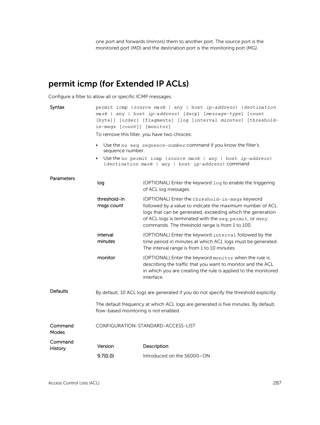 Dell 9.7(0.0) manual Permit icmp for Extended IP ACLs, Configuration-Standard-Access-List 