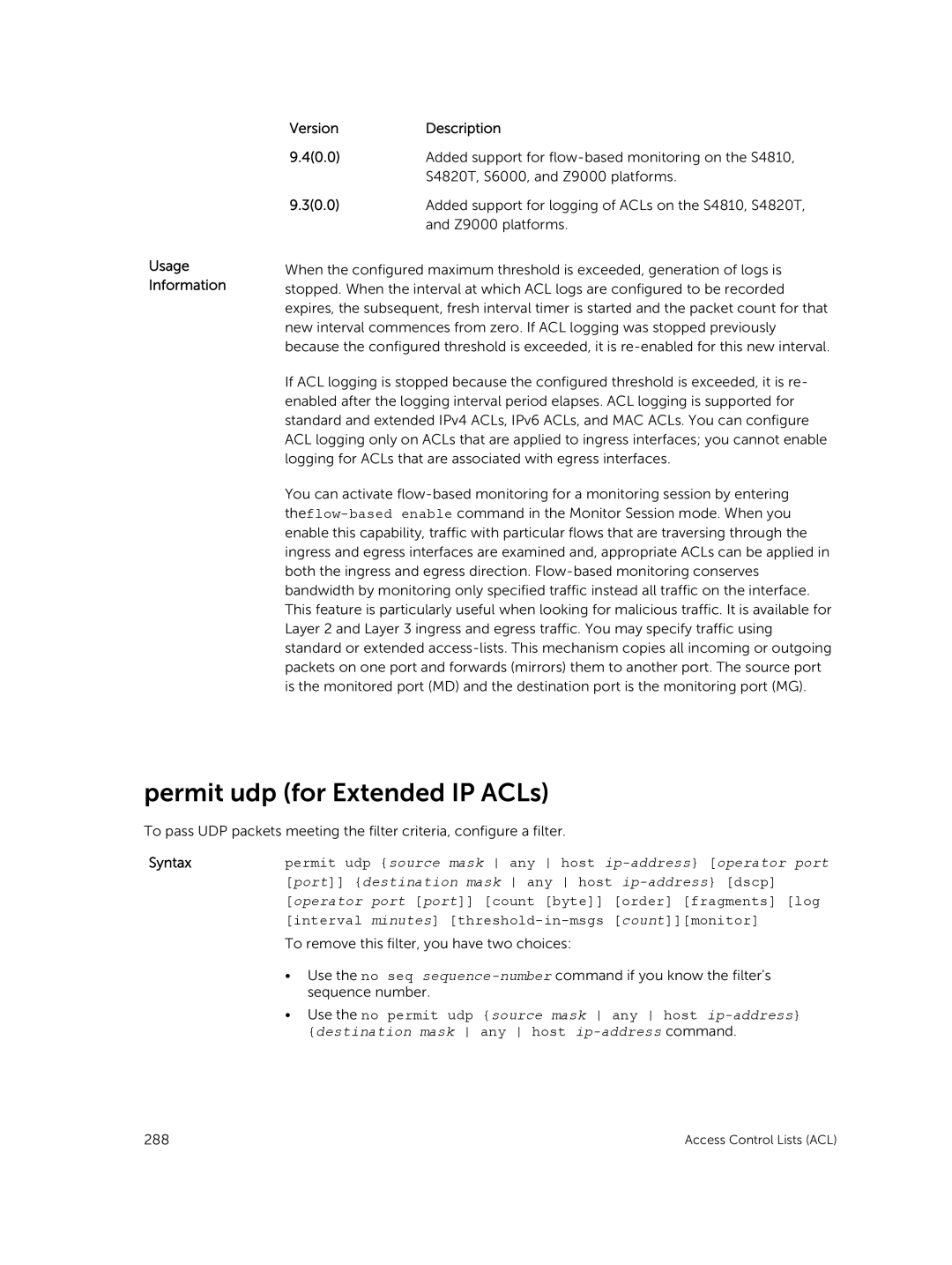 Dell 9.7(0.0) manual Permit udp for Extended IP ACLs, Usage Information Version Description 40.0 