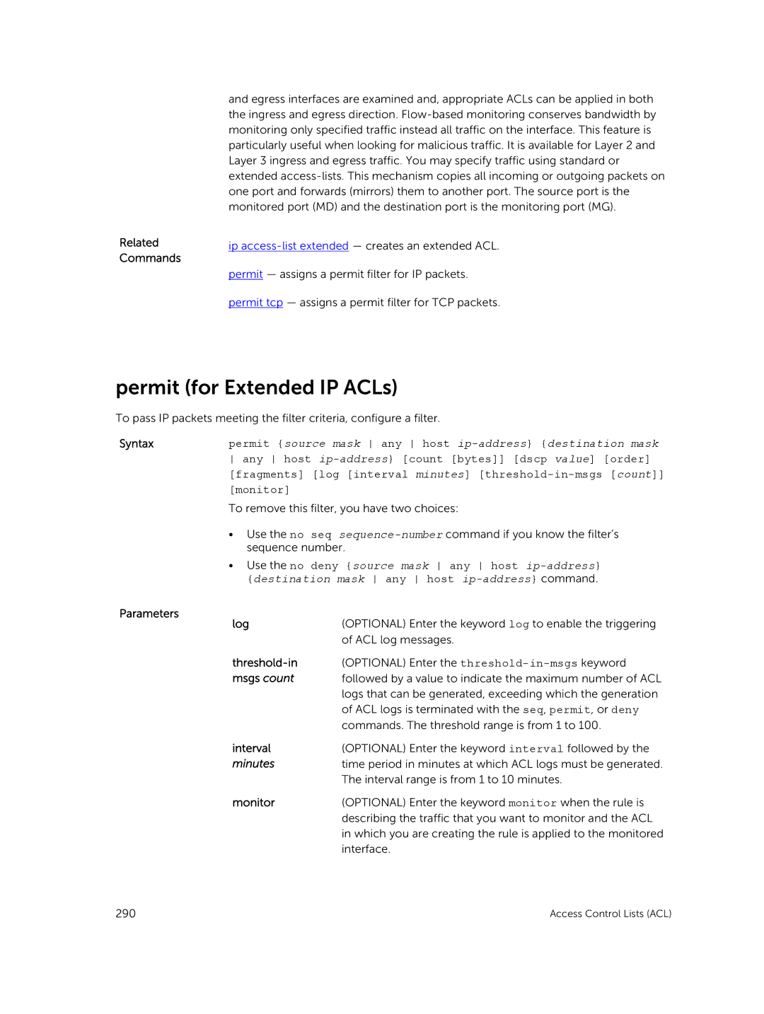 Dell 9.7(0.0) manual Permit for Extended IP ACLs, Related Commands 