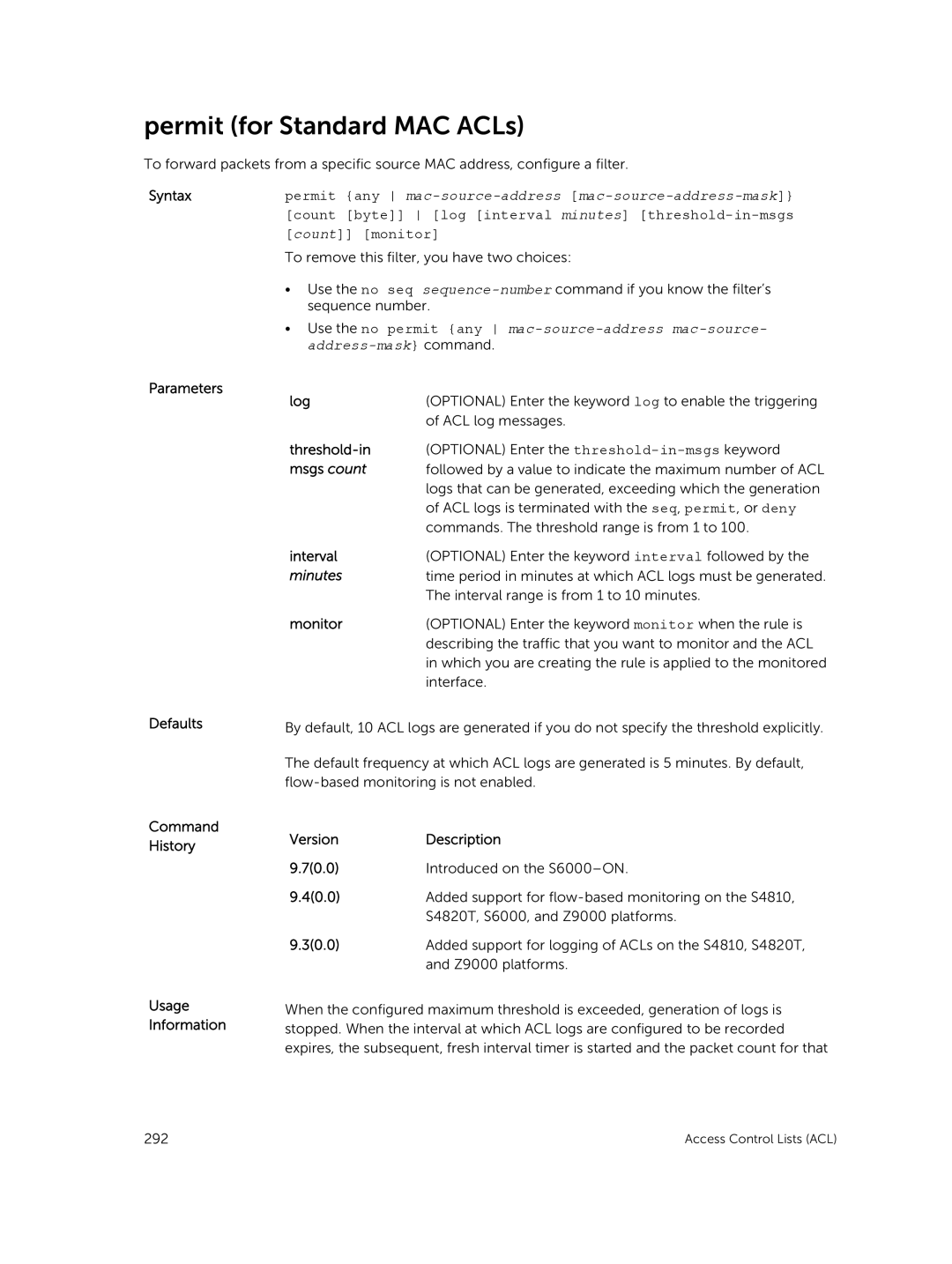 Dell 9.7(0.0) manual Permit for Standard MAC ACLs, Command History Usage Information Version Description 70.0 