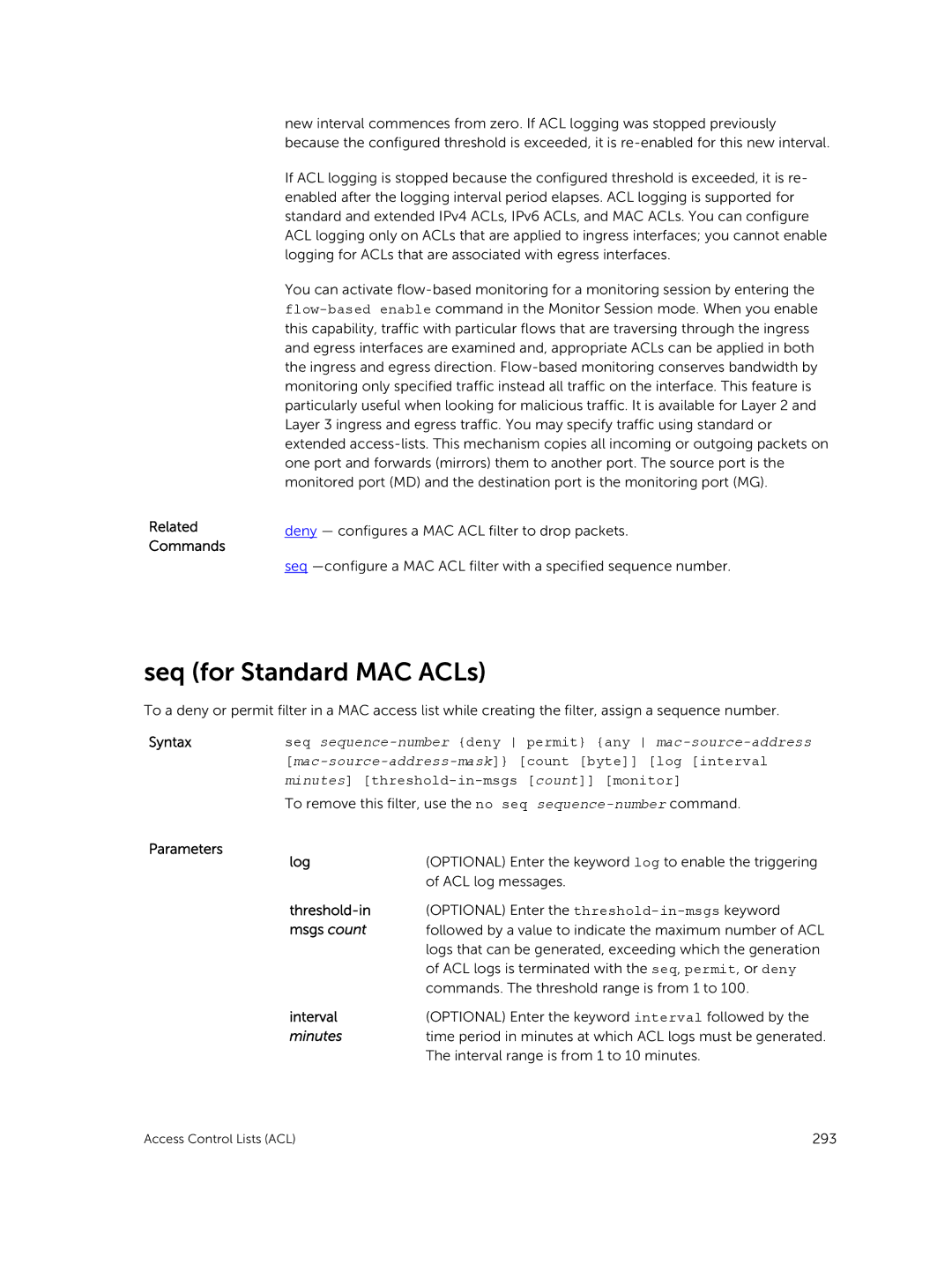 Dell 9.7(0.0) manual Seq for Standard MAC ACLs, Parameters 