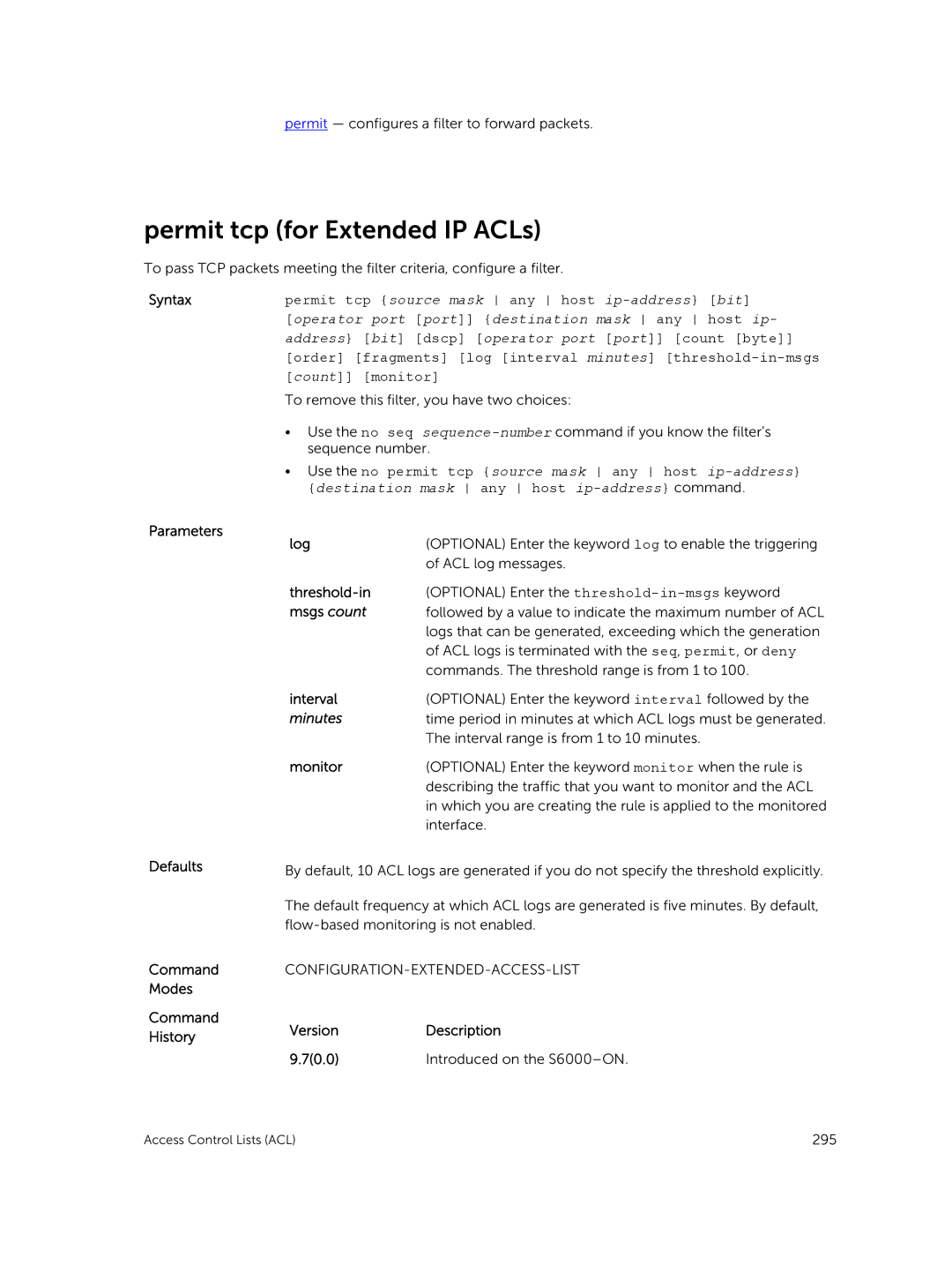 Dell 9.7(0.0) manual Permit tcp for Extended IP ACLs, Configuration-Extended-Access-List 