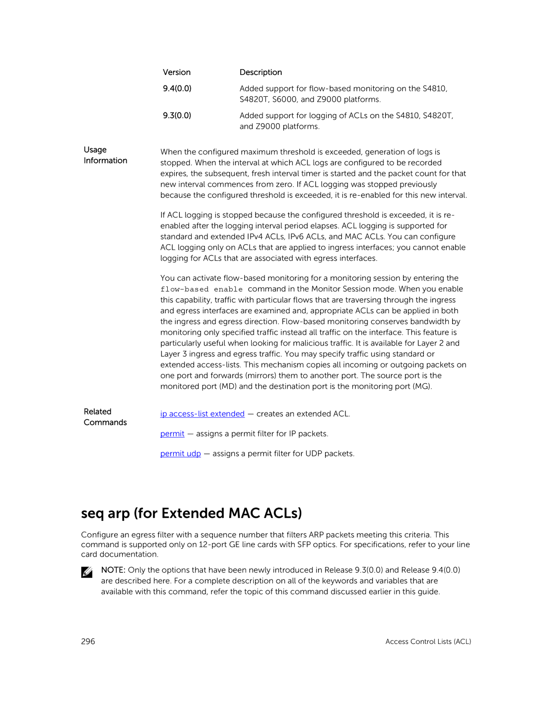 Dell 9.7(0.0) manual Seq arp for Extended MAC ACLs, Usage Information Related Commands Version Description 40.0 