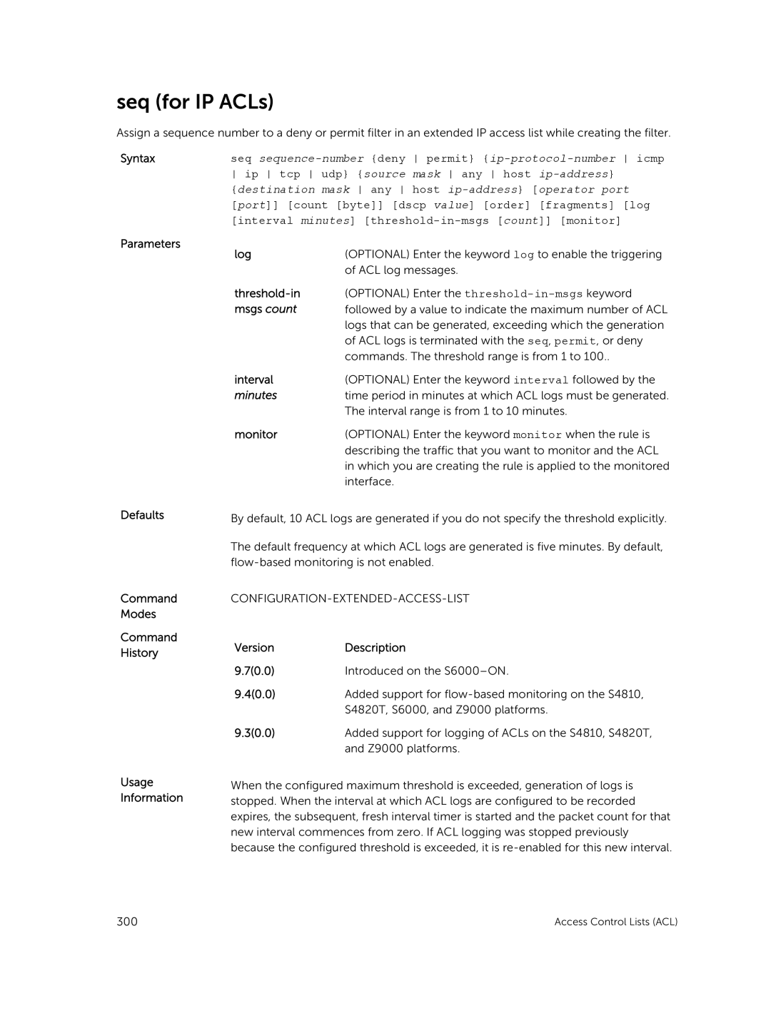 Dell 9.7(0.0) manual Seq for IP ACLs, Defaults 