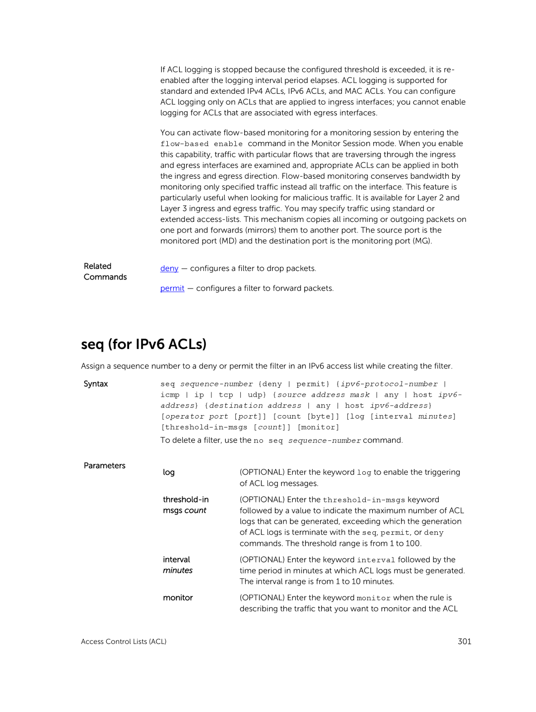 Dell 9.7(0.0) manual Seq for IPv6 ACLs, Icmp ip tcp udp source address mask any host ipv6, Threshold-in-msgs count monitor 