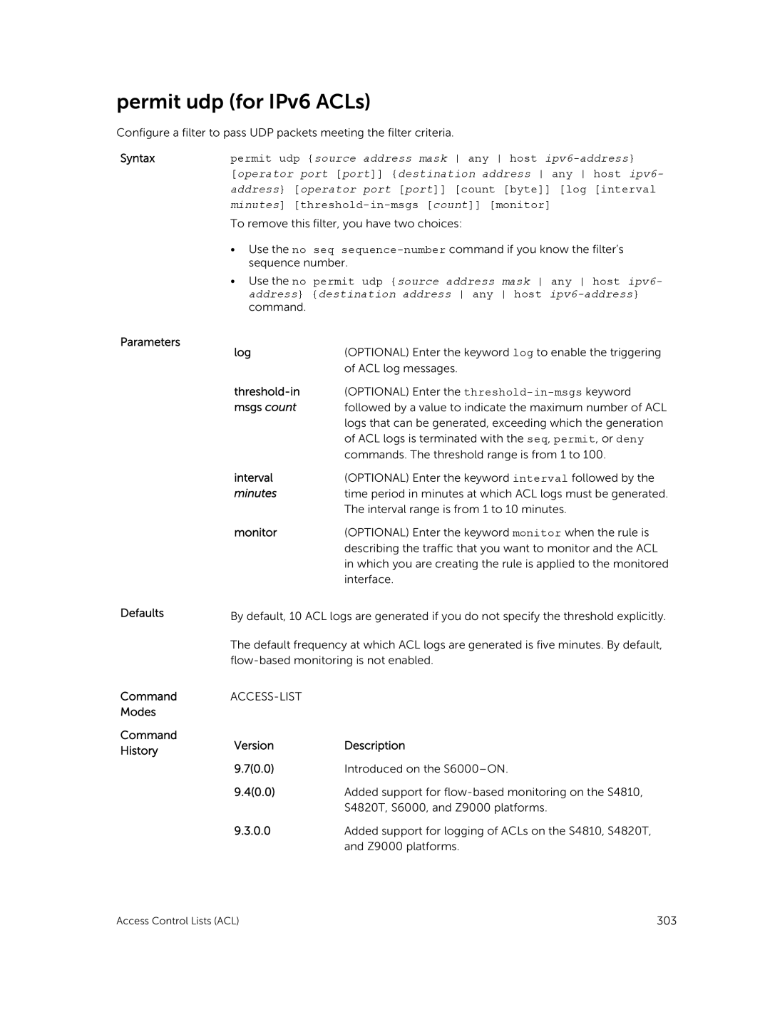 Dell 9.7(0.0) manual Permit udp for IPv6 ACLs, Parameters Defaults Log 