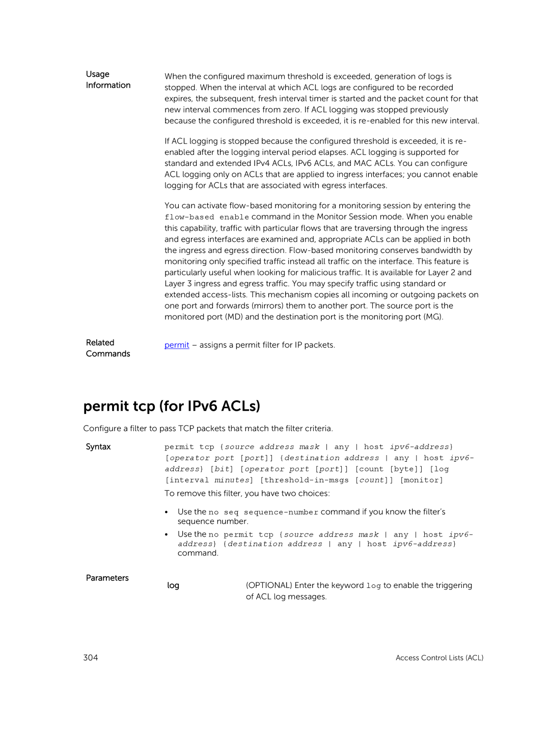 Dell 9.7(0.0) manual Permit tcp for IPv6 ACLs, Usage 