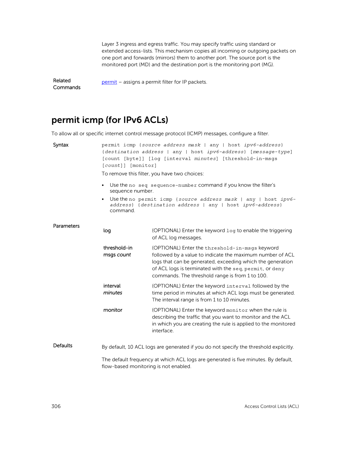 Dell 9.7(0.0) manual Permit icmp for IPv6 ACLs, Related Commands 