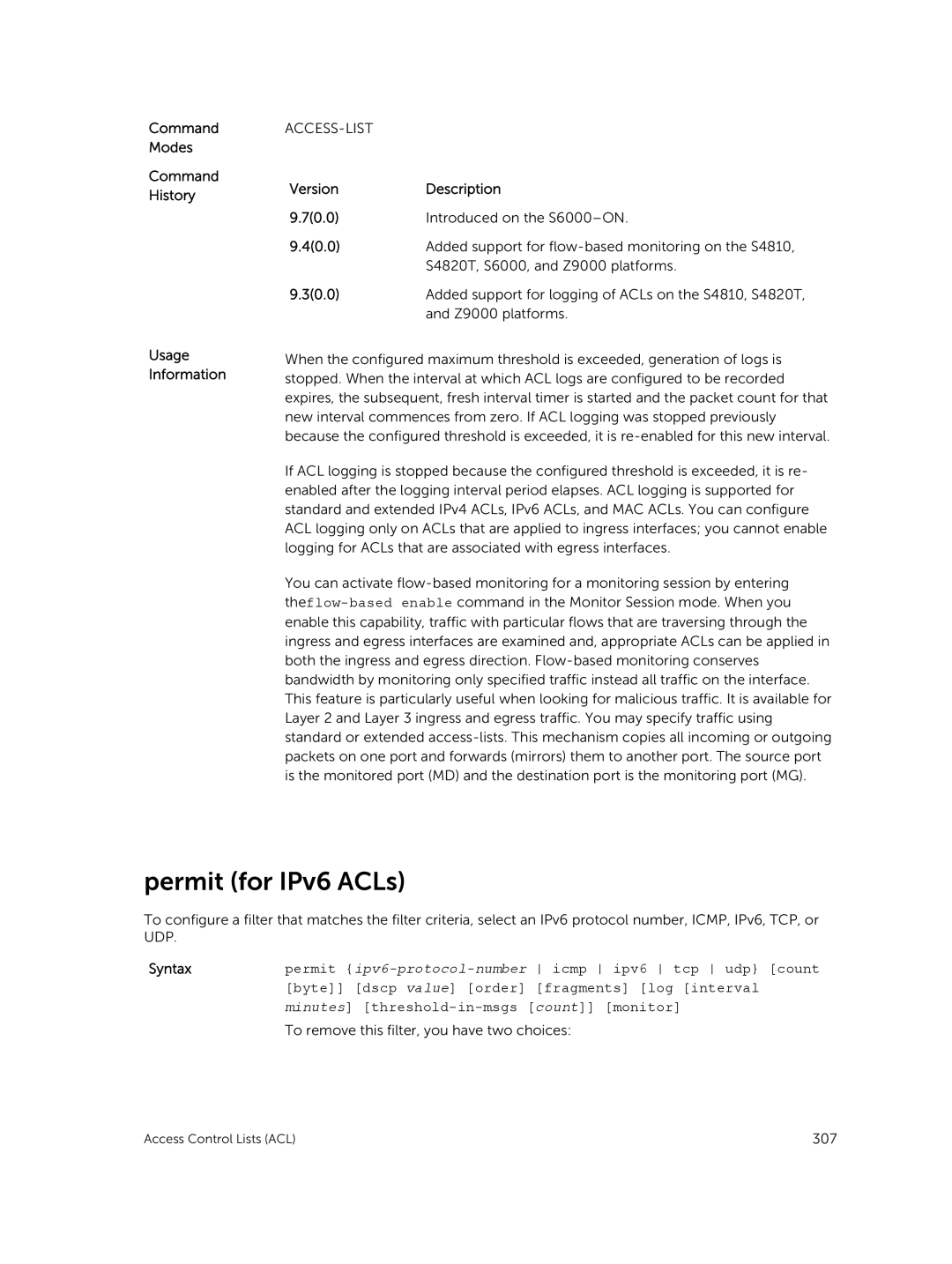 Dell 9.7(0.0) manual Permit for IPv6 ACLs, Access-List 