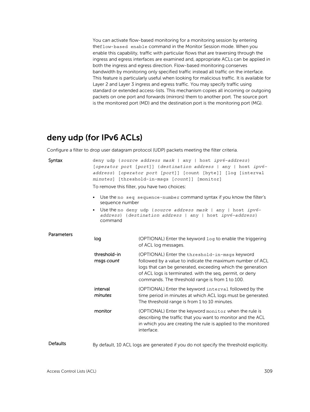 Dell 9.7(0.0) manual Deny udp for IPv6 ACLs, Parameters Defaults Log 