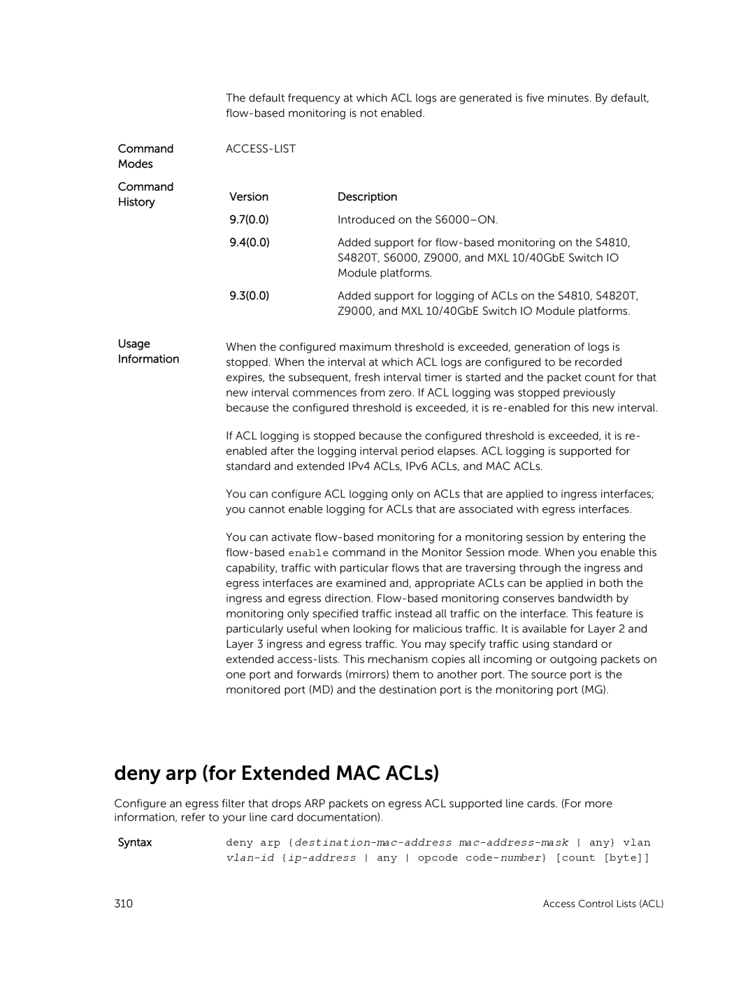 Dell 9.7(0.0) manual Deny arp for Extended MAC ACLs, Vlan-idip-address any opcode code-number count byte 