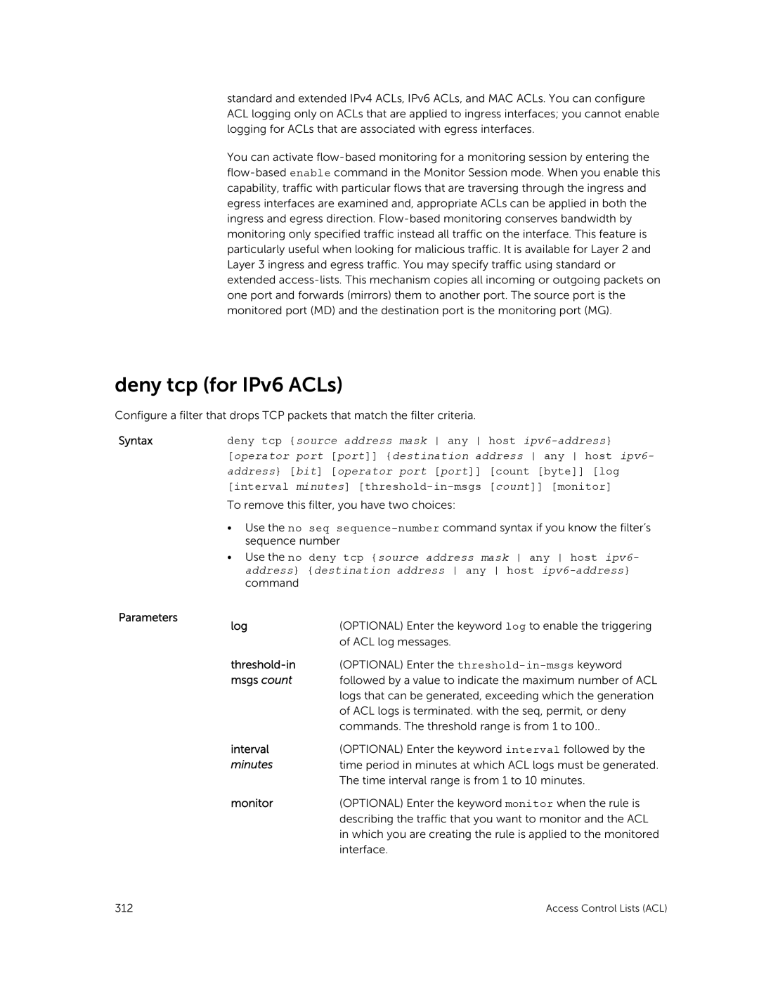 Dell 9.7(0.0) manual Deny tcp for IPv6 ACLs, Parameters Log 