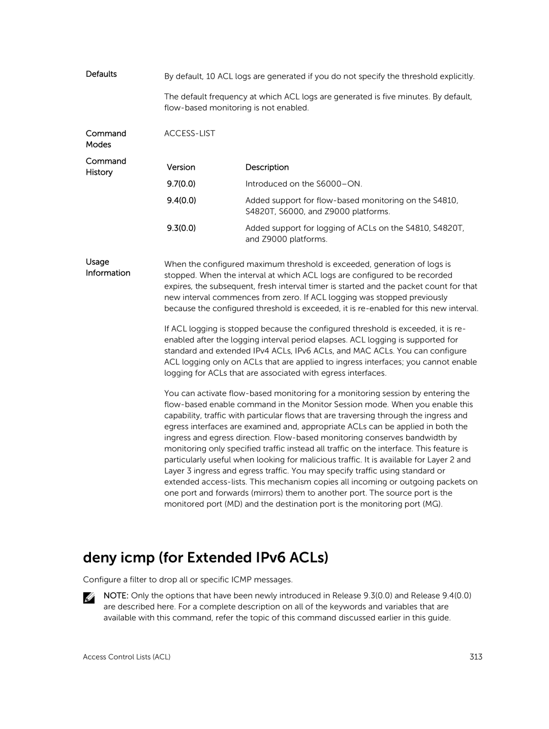 Dell 9.7(0.0) manual Deny icmp for Extended IPv6 ACLs, Defaults Command Modes Command History Usage Information 