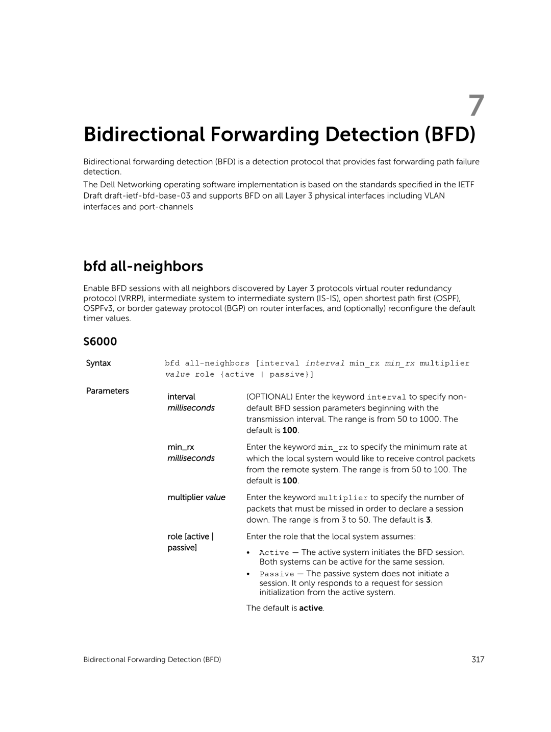 Dell 9.7(0.0) manual Bidirectional Forwarding Detection BFD, Bfd all-neighbors 