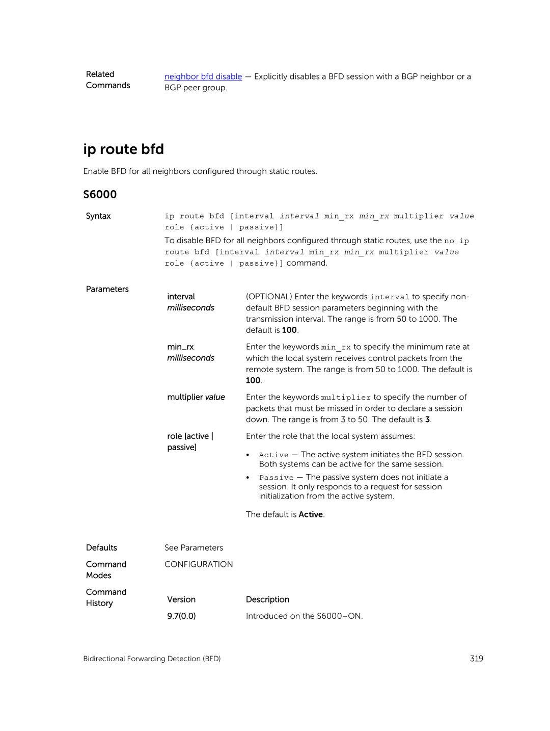 Dell 9.7(0.0) manual Ip route bfd, Milliseconds 