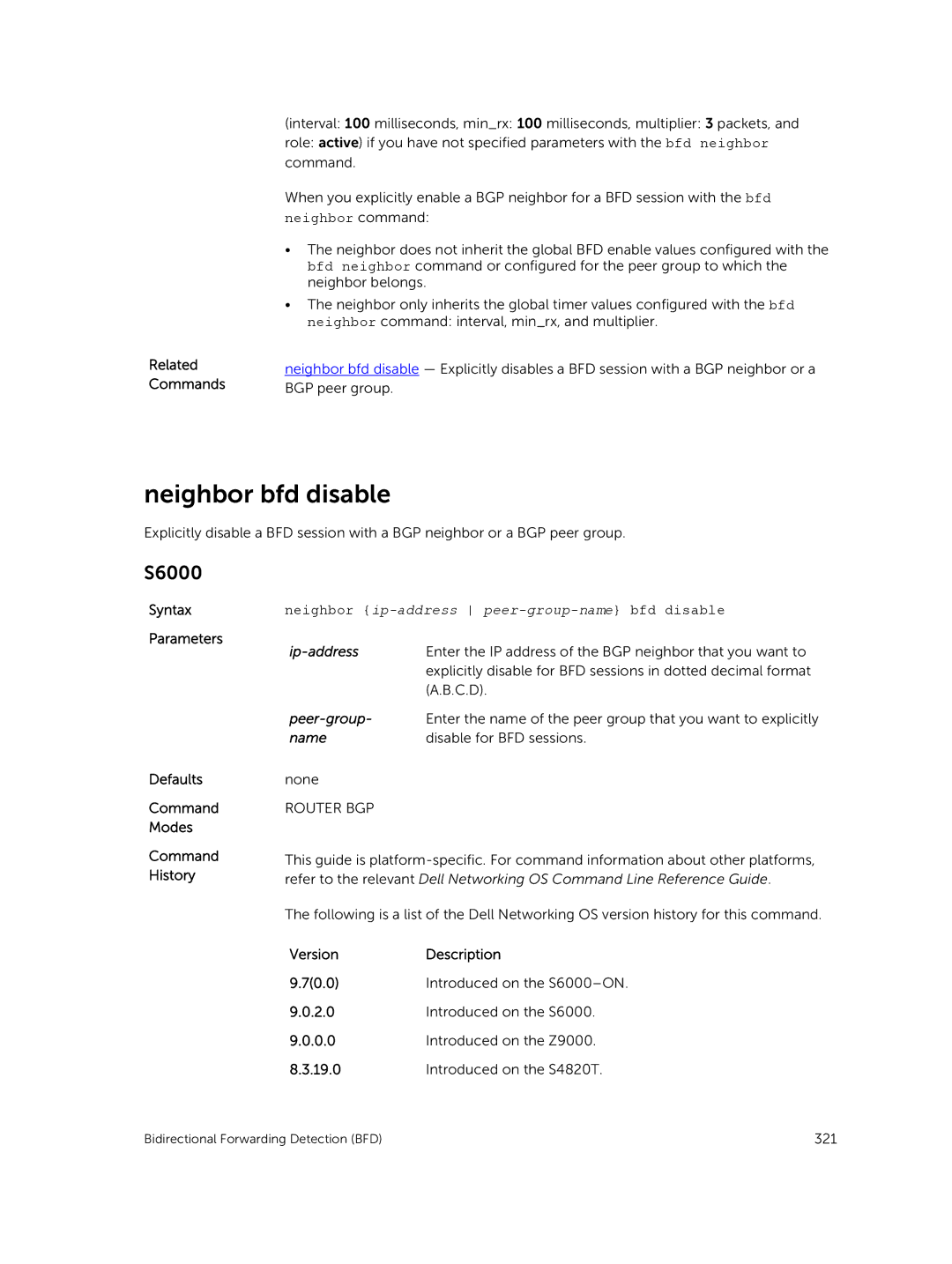 Dell 9.7(0.0) manual Neighbor bfd disable, Related Commands 