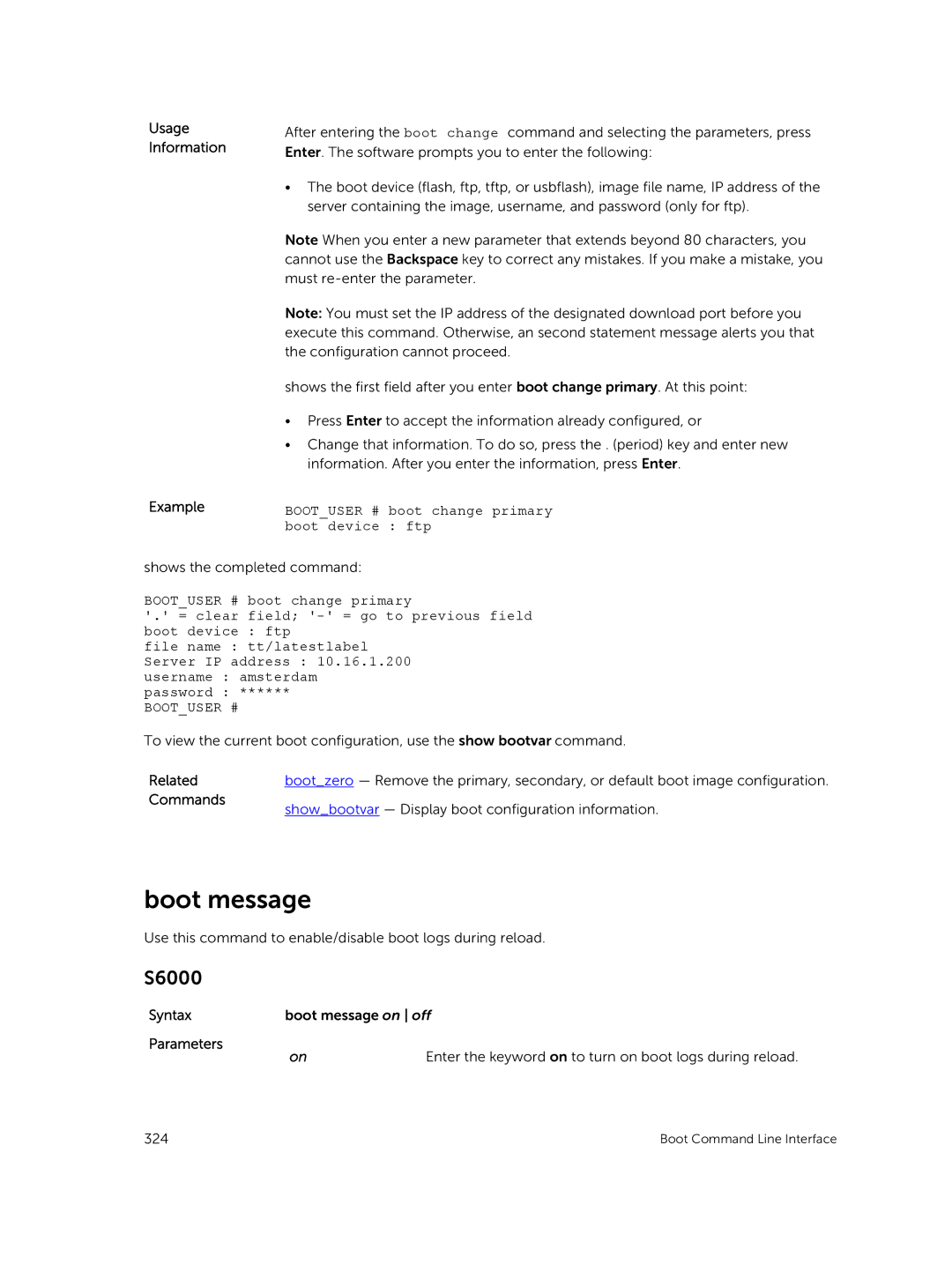 Dell 9.7(0.0) manual Boot message, Bootuser # boot change primary, Boot device ftp 