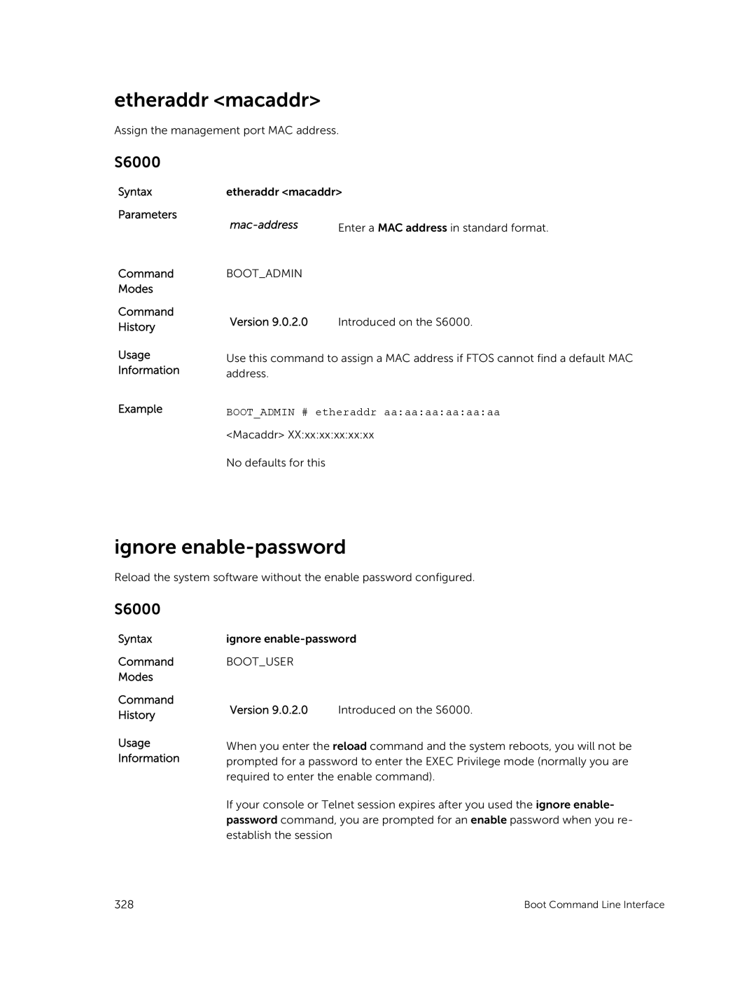 Dell 9.7(0.0) manual Etheraddr macaddr, Ignore enable-password, Bootadmin # etheraddr aaaaaaaaaaaa 