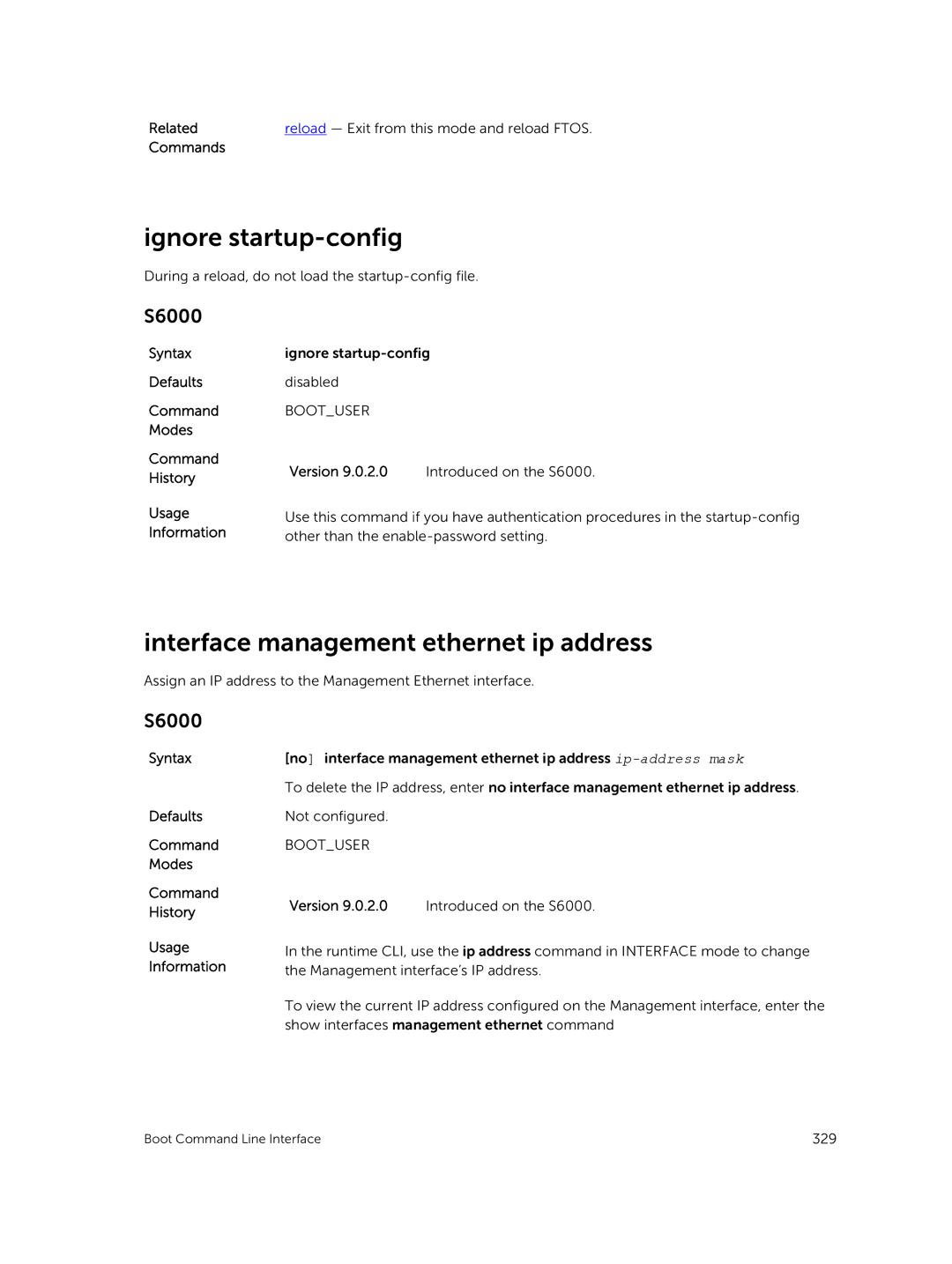 Dell 9.7(0.0) manual Ignore startup-config, Interface management ethernet ip address 