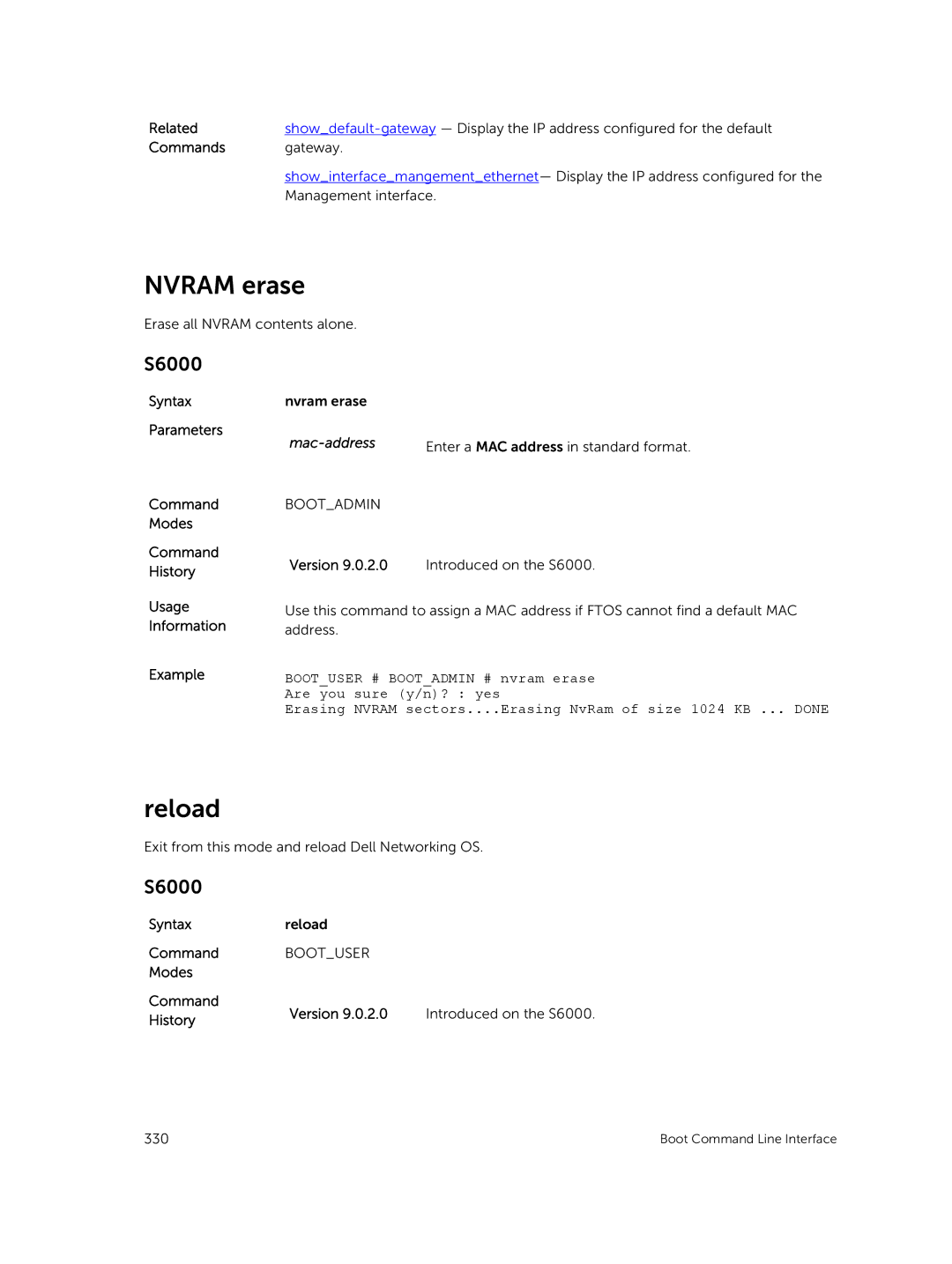 Dell 9.7(0.0) Syntax Nvram erase Parameters, Modes Command History Usage Information Example, Syntax Reload Command 