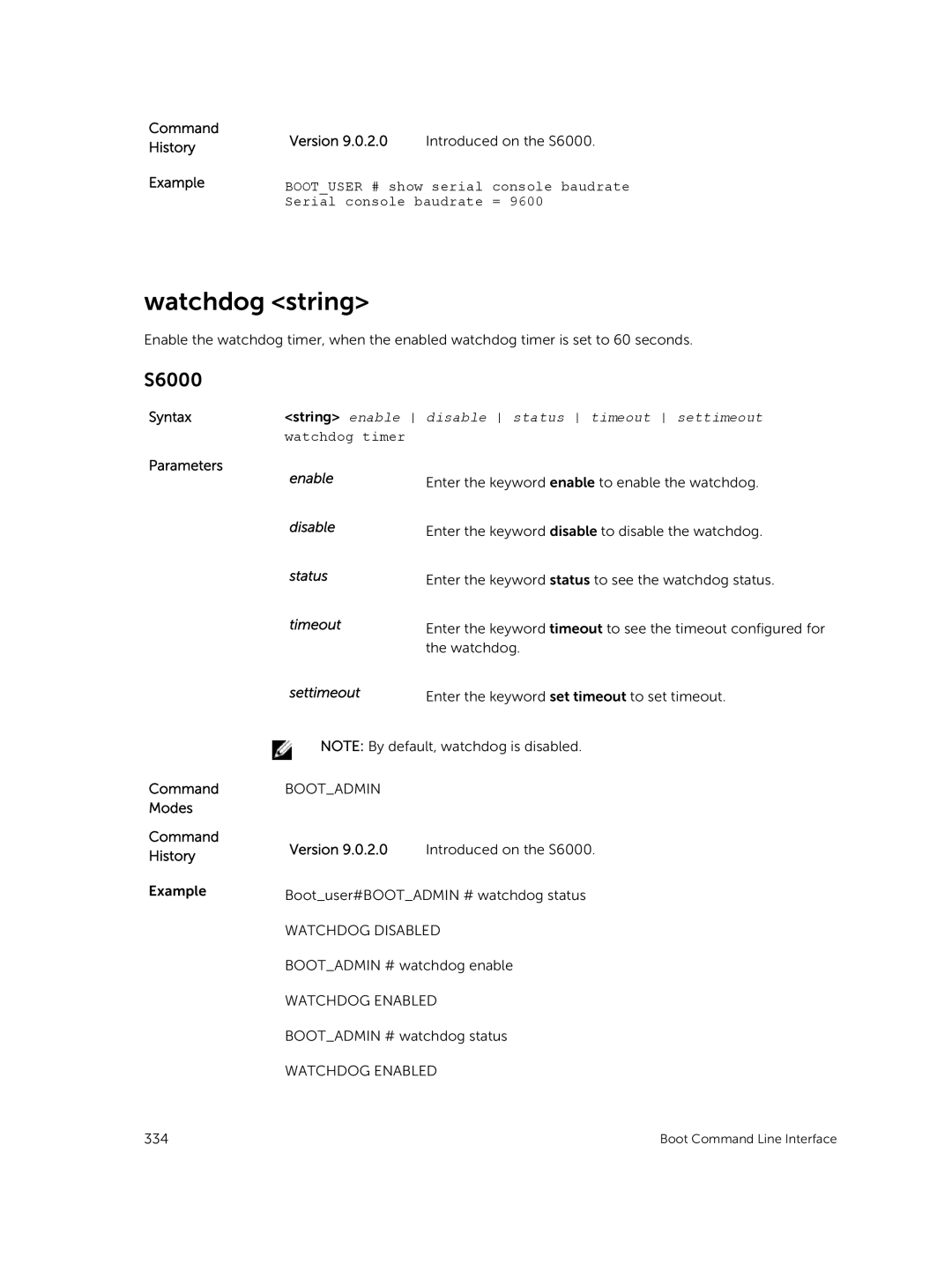 Dell 9.7(0.0) manual Watchdog string, Syntax, Parameters Enable, Disable, Settimeout 