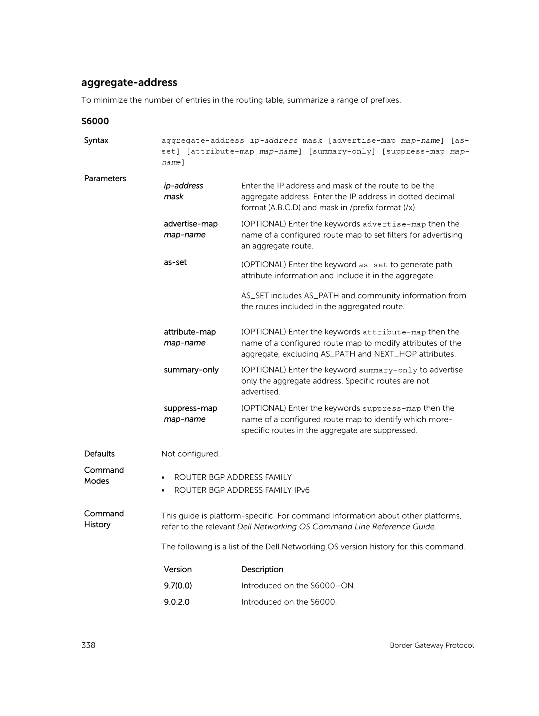 Dell 9.7(0.0) manual Aggregate-address, Format A.B.C.D and mask in /prefix format /x 