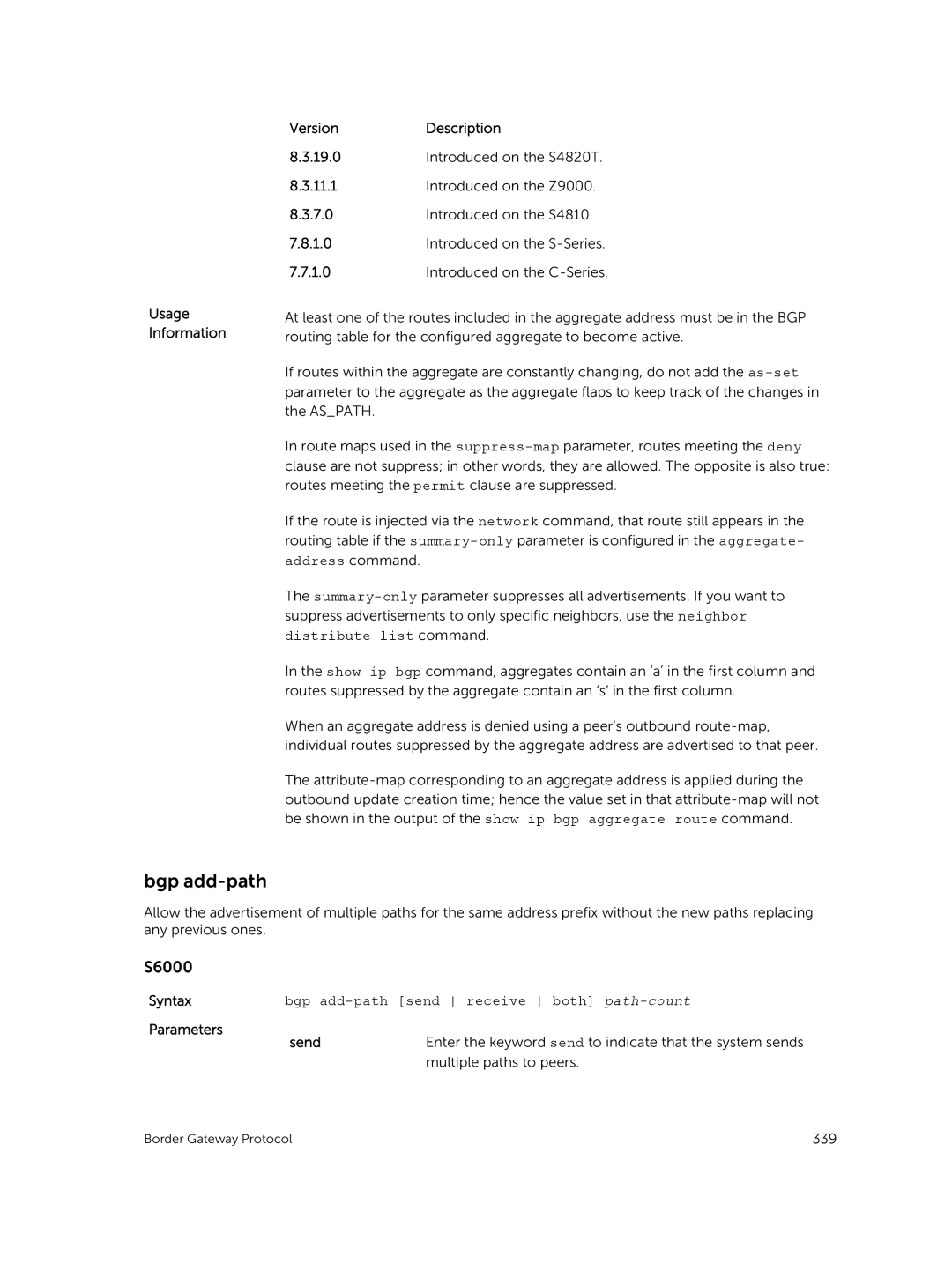 Dell 9.7(0.0) manual Usage Information VersionDescription, Bgp add-path send receive both path-count, Parameters Send 