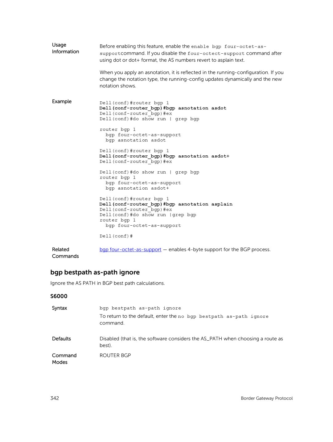 Dell 9.7(0.0) manual Bgp bestpath as-path ignore, Dellconf-routerbgp#bgp asnotation asdot 