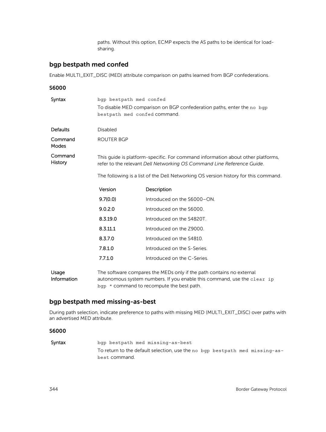 Dell 9.7(0.0) manual Bgp bestpath med confed, Bgp bestpath med missing-as-best, Bgp bestpath Med confed, Bestpath med 