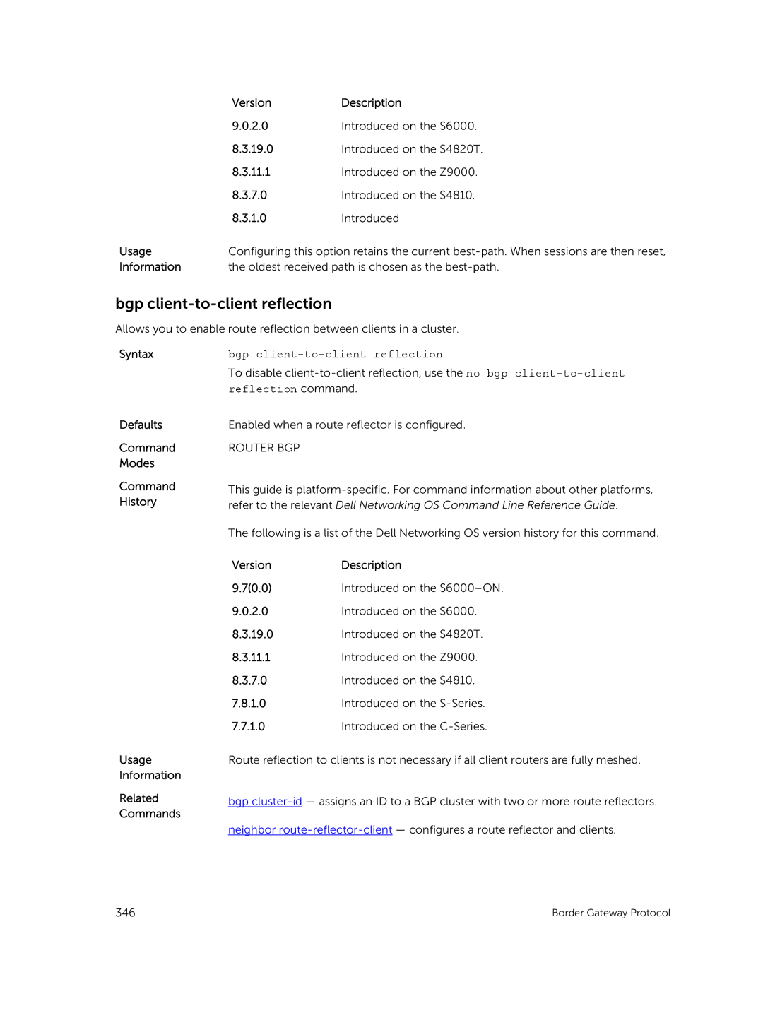 Dell 9.7(0.0) manual Bgp client-to-client reflection, Reflection command 