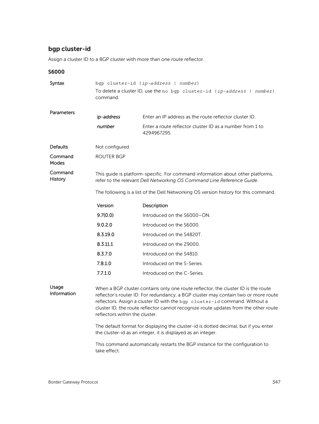 Dell 9.7(0.0) manual Bgp cluster-id ip-address number 