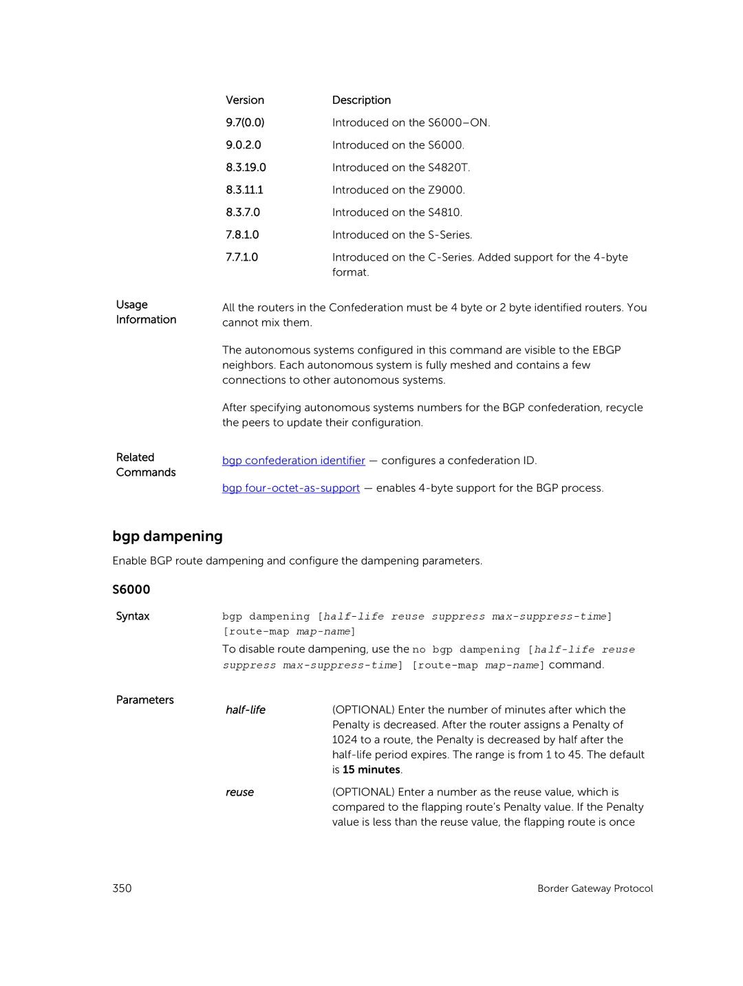 Dell 9.7(0.0) manual Bgp dampening, Route-map map-name, Half-life, Reuse 